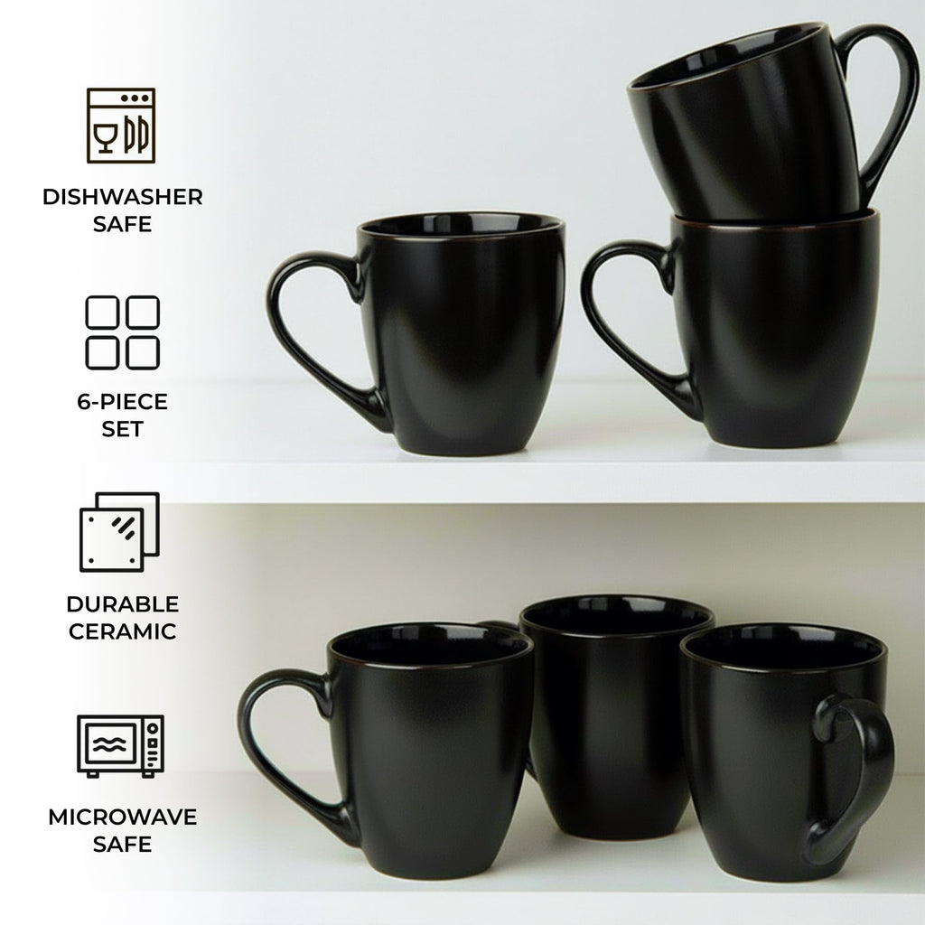 MIAMIO - 6 x 350 ml Stoneware Coffee Mug/Cup Set - Le Papillon Collection (Black)