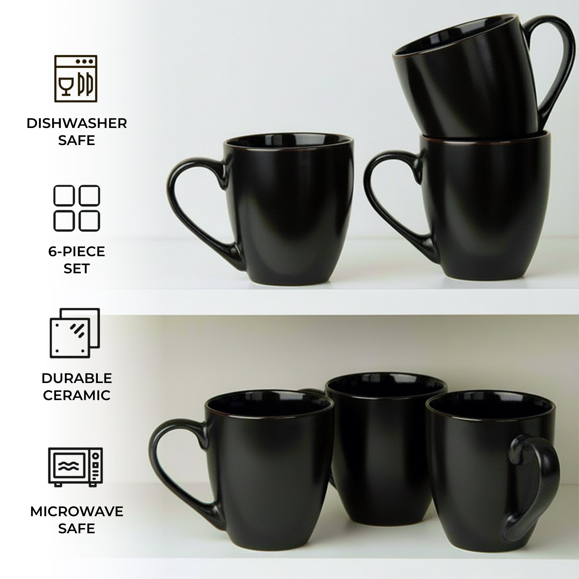 MIAMIO - 6 x 350 ml Stoneware Coffee Mug/Cup Set - Le Papillon Collection (Black)