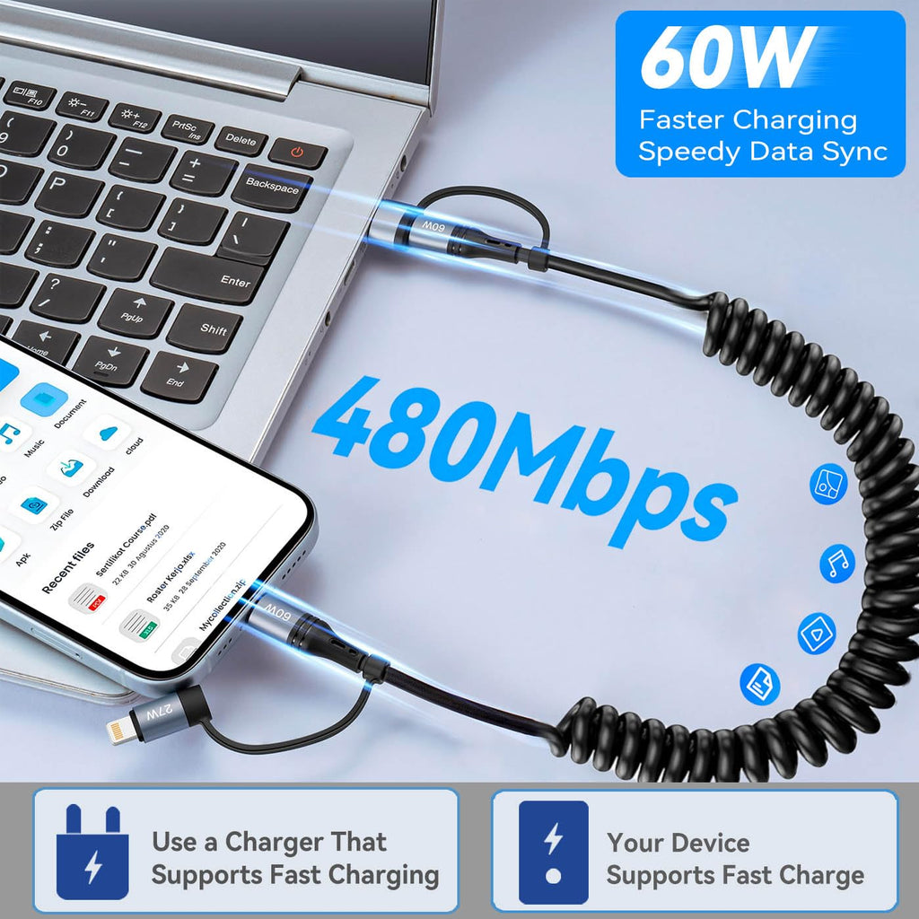 Miger 60W Coiled USB C Cable,4 in 1 Charging Cable 2Pack 4FT USB-C to Lightning Cable for Car Type C to USBC Fast Charging Cables for iPhone 17/16/15/14/13/12/11 Series/iPad/MacBook/CarPlay