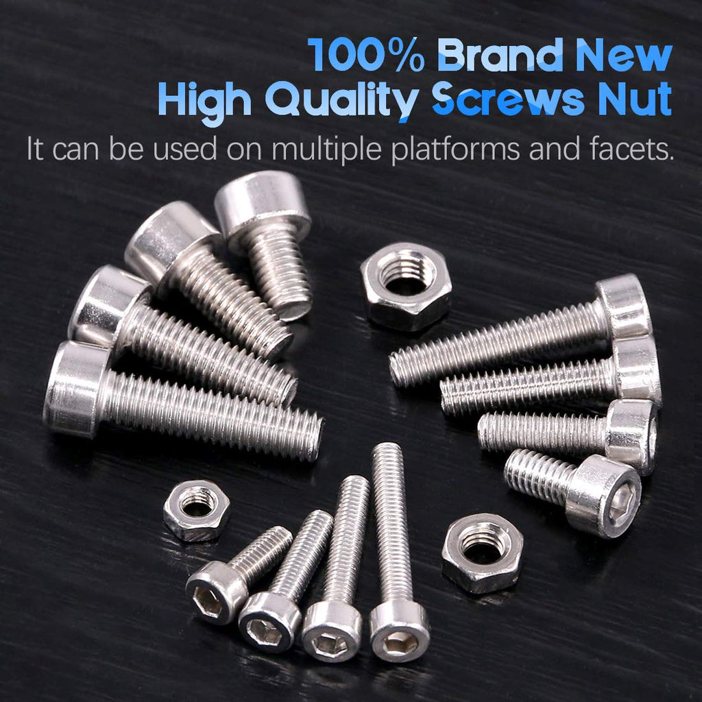 Glarks 510Pcs M3 M4 M5 304 Stainless Steel Hex Socket Head Cap Screws With Nuts Assortment Kit