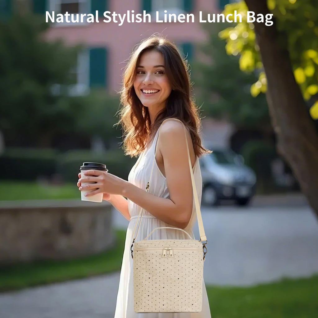 neatlife Lunch Tote, Cute Lunch Bag for Women, Thermal Bag with Double Zipper Close and Carrying Handle, Insulated Lunch Poche for Work, Travel & Picnic (Black Small Dots)