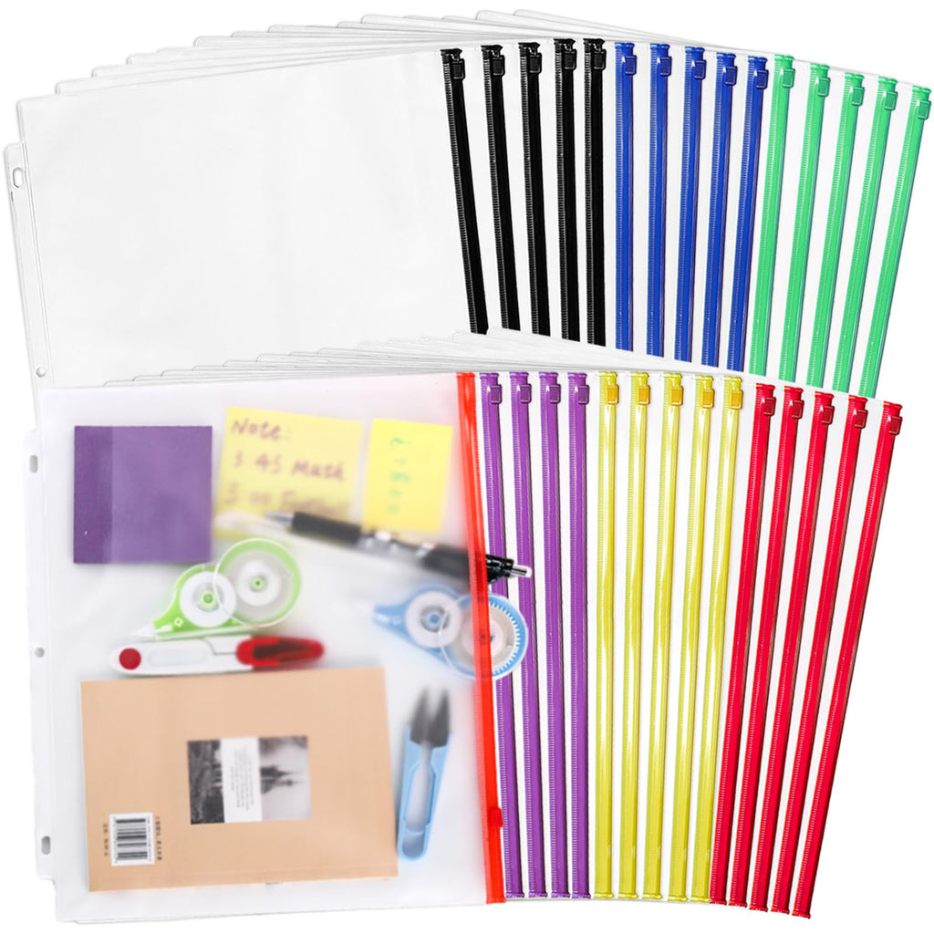 Mezchi 30 Pack Binder Pockets, 3 Ring Hole Binder Pouch, 11" × 9" Letter Size Binder Pockets with Zipper, PVC Loose Leaf Binder Sleeves Storage Bags for Files, Documents