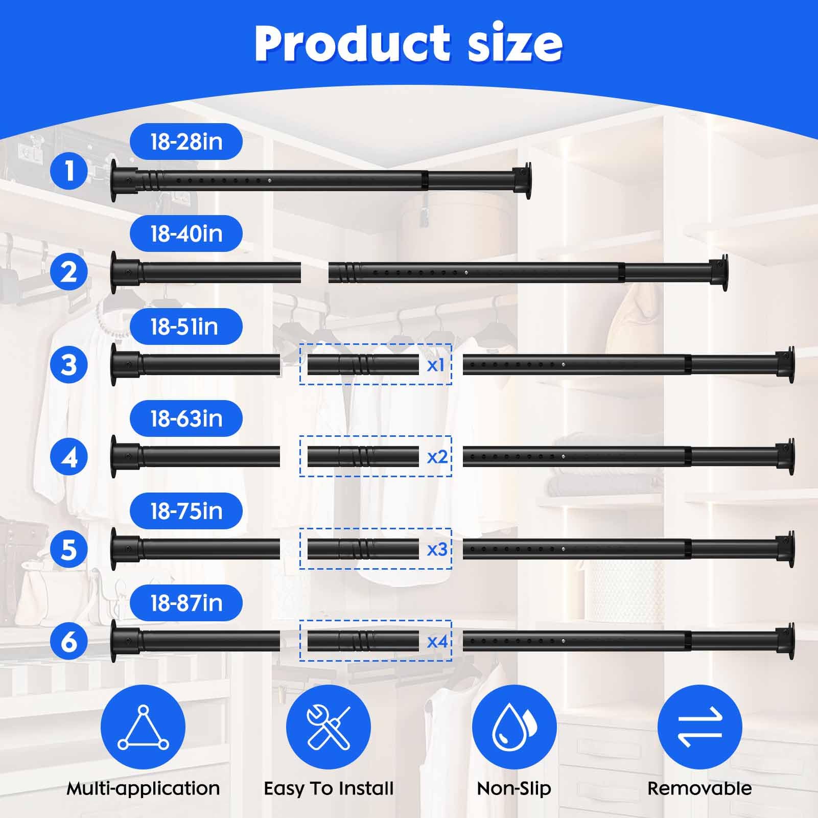 Closet Rod,17 to 40 Inches Adjustable Closet Rods for Hanging Clothes 1.3 Inch Diameter Heavy Duty Metal Closet Hanging Rod Closet Bar for Wardrobes,Closet, Bathroom, Windows