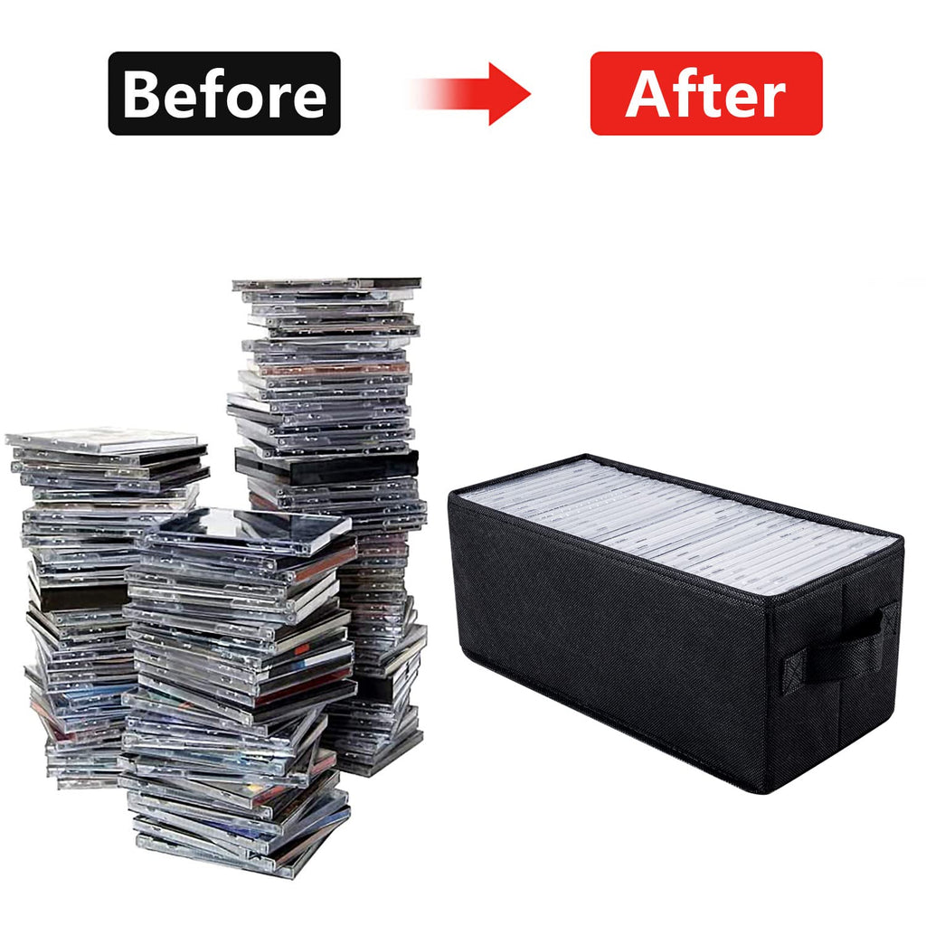 CD Storage Box with Lid,Stackable CD Case Holder with Handles for Dust Protection, Portable CD Organizer for Music Collection (Black, 2pack)