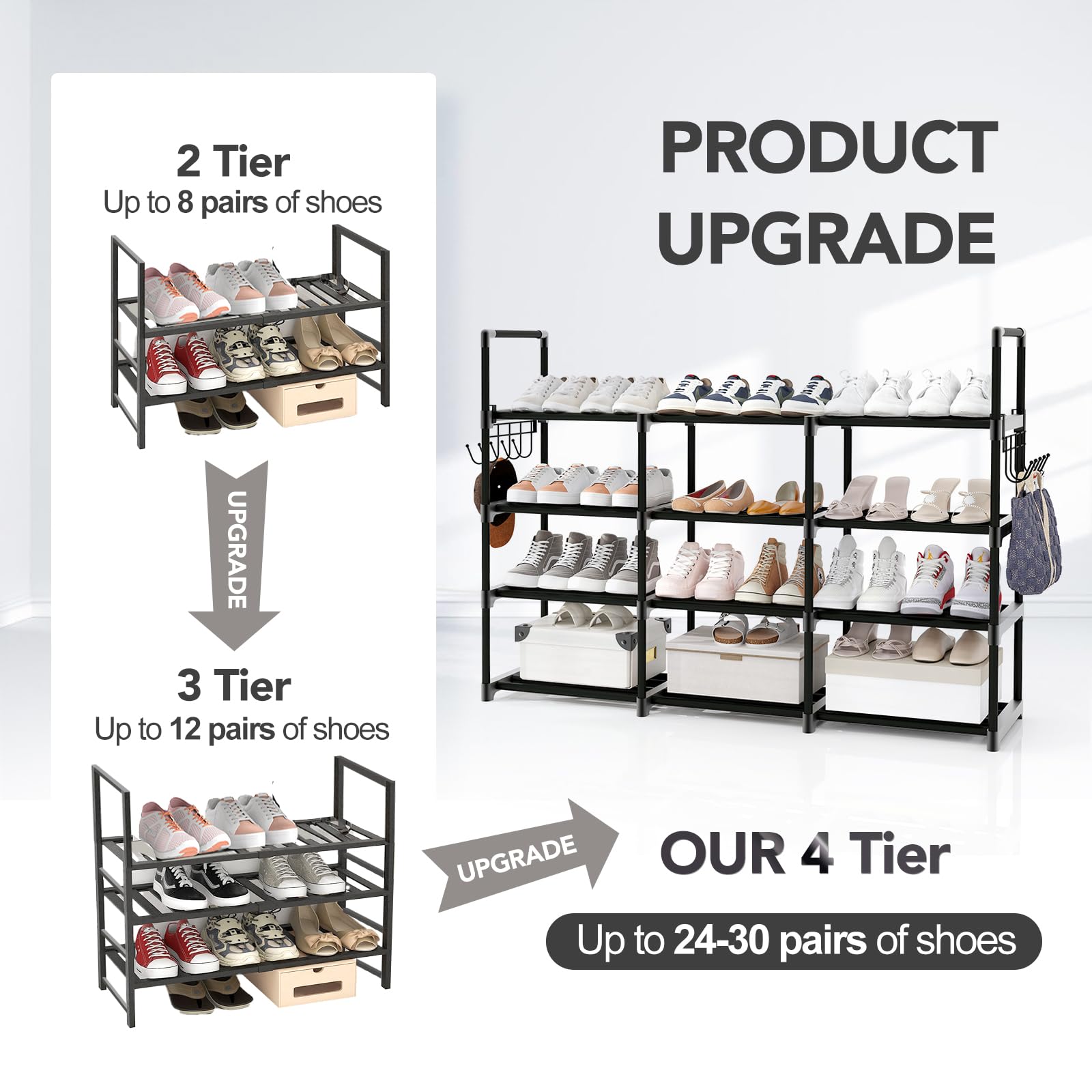 4 Tier Shoe Rack, Wide Shoe Racks,Holds 24-30 Pairs of Shoes,Shoes Rack for Closet,Show Rack