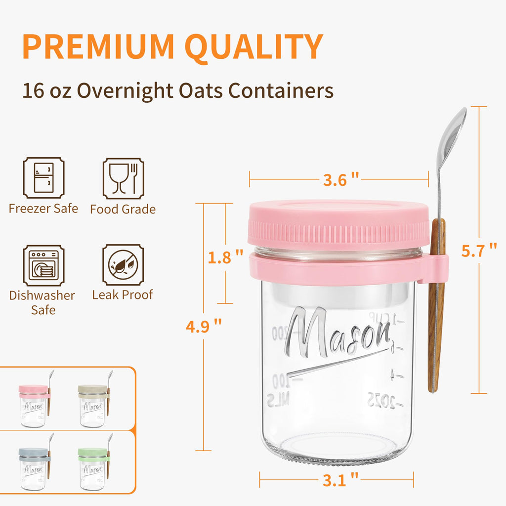 Xyptorix 4 Pack Overnight Oats Containers with Lids and Spoons, 16 oz Mason Jars with Removable Separate Compartments, Airtight and Leak-Proof Glass Jars for Chia Pudding, Yogurt, and Oatmeal