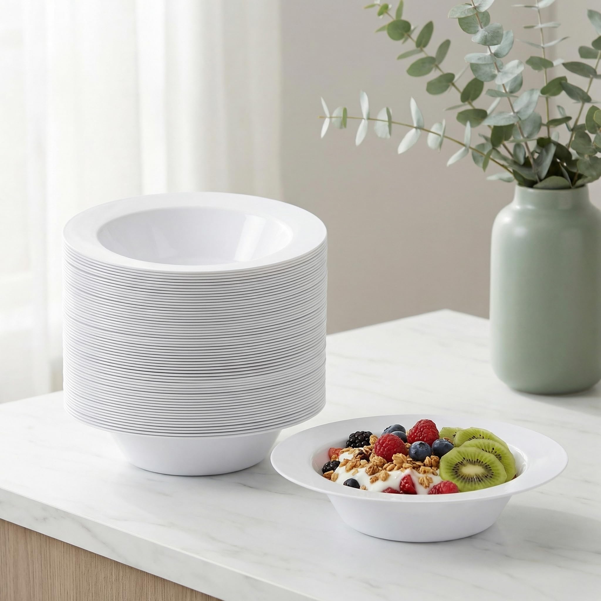 Suwimut 60 Pack White Plastic Bowls, 12 oz Disposable Soup Bowls, Premium Heavy Duty Plastic Dinner Bowl Dessert Salad Bowl for Wedding, Party, Catering, Christmas, and Everyday Use