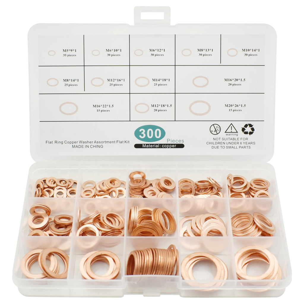 BDS-HOME 300pcs Copper Flat Washers Sealing Washer Assortment Kit 12size Metal Metric Crush Washers M5 M6 M8 M10 M12 M14 M16 M20