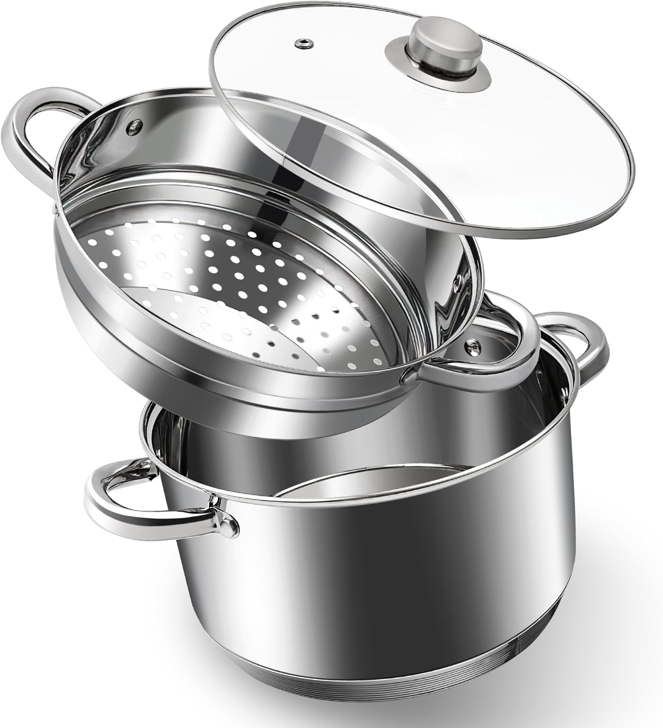 KroWallu 3.6L / 4QT Stock Pot with Steamer, Stainless Steel Pot Set Including Stock Pot, Steamer and Tempered Glass Lid, Stay Cool Handle, Work with Gas Electric Induction Stove, Dishwasher