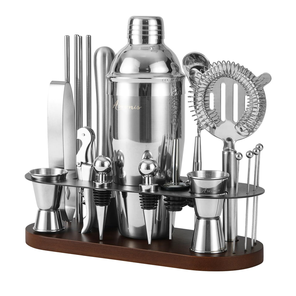 23-Piece Bartender Kit, Cocktail Shaker Set with Stand | Bar Set Drink Mixer Set with All Essential Bar Tools: Martini Shaker,Bar Mixer Spoon, Jigger, Strainer, Muddler, Pourers, for Home, Bar, Party