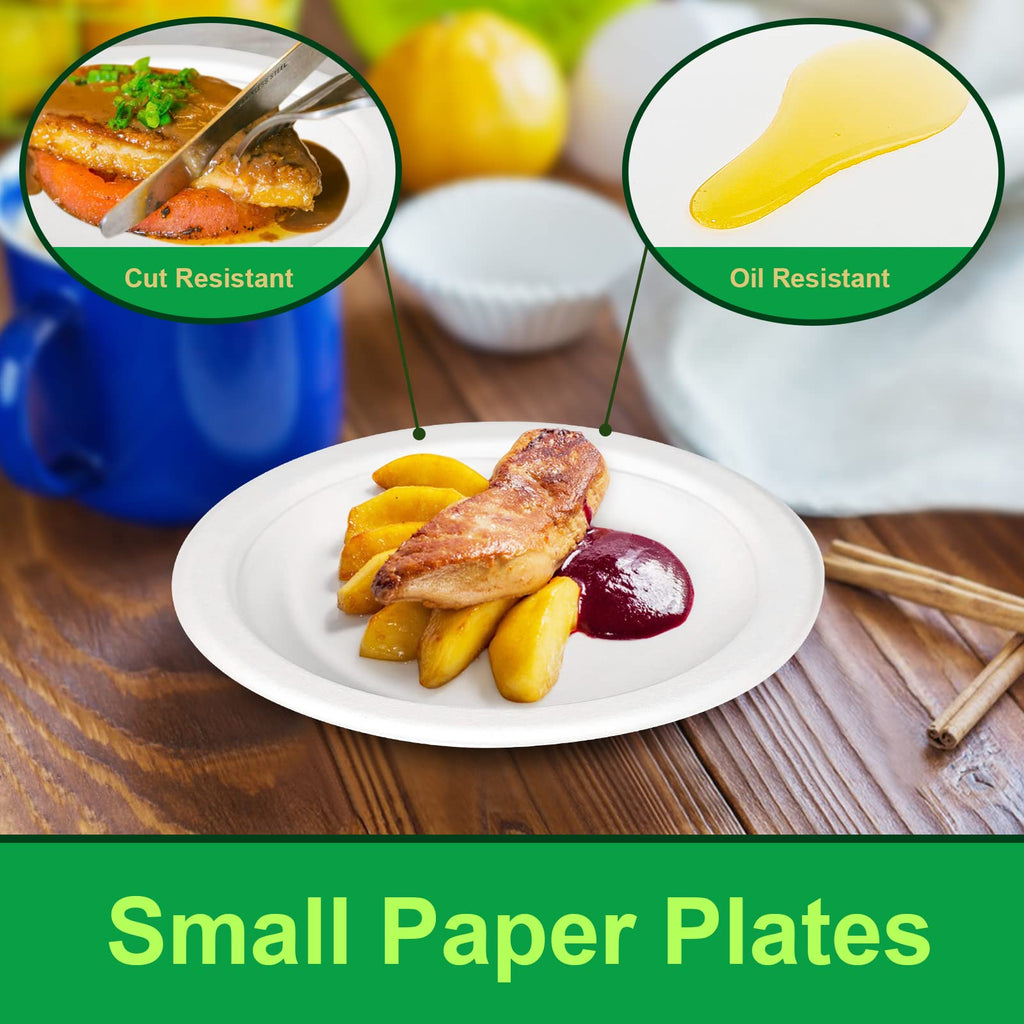 GREENESAGE 100% Compostable Plates 7 inch, 300 Pack Paper Plates Bulk, Small Paper Plates Eco Friendly Disposable Plates, White Paper Plates for Dessert, Cake, and Snack