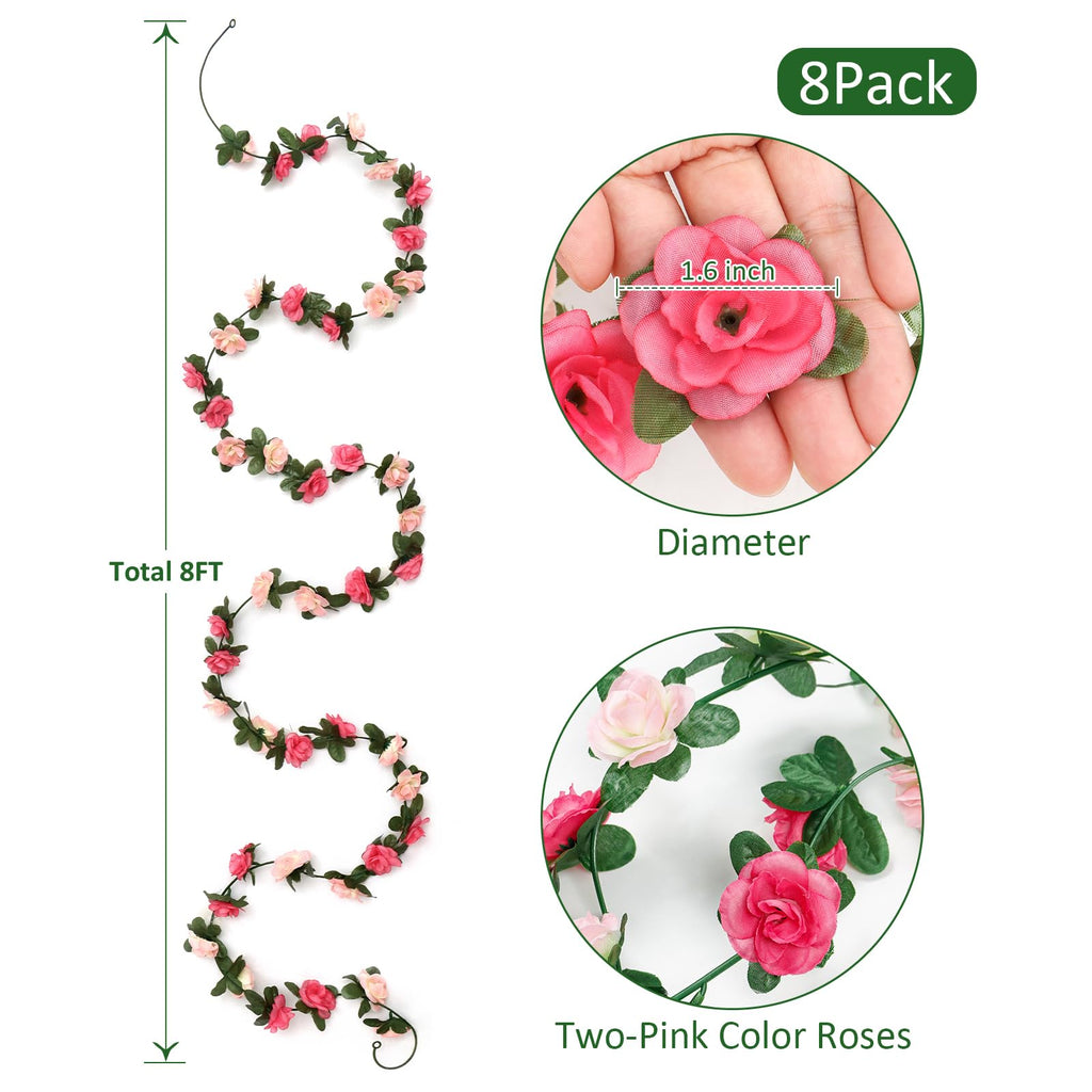 KHOYIME 8 Pack 64 FT Artificial Flower Garland, Fake Pink Roses Vines Silk Flowers Faux Plastic Outdoor Hanging Floral Ivy Garland Decoration for Wedding Arch Bedroom Home Wall Backdrop Room Decor