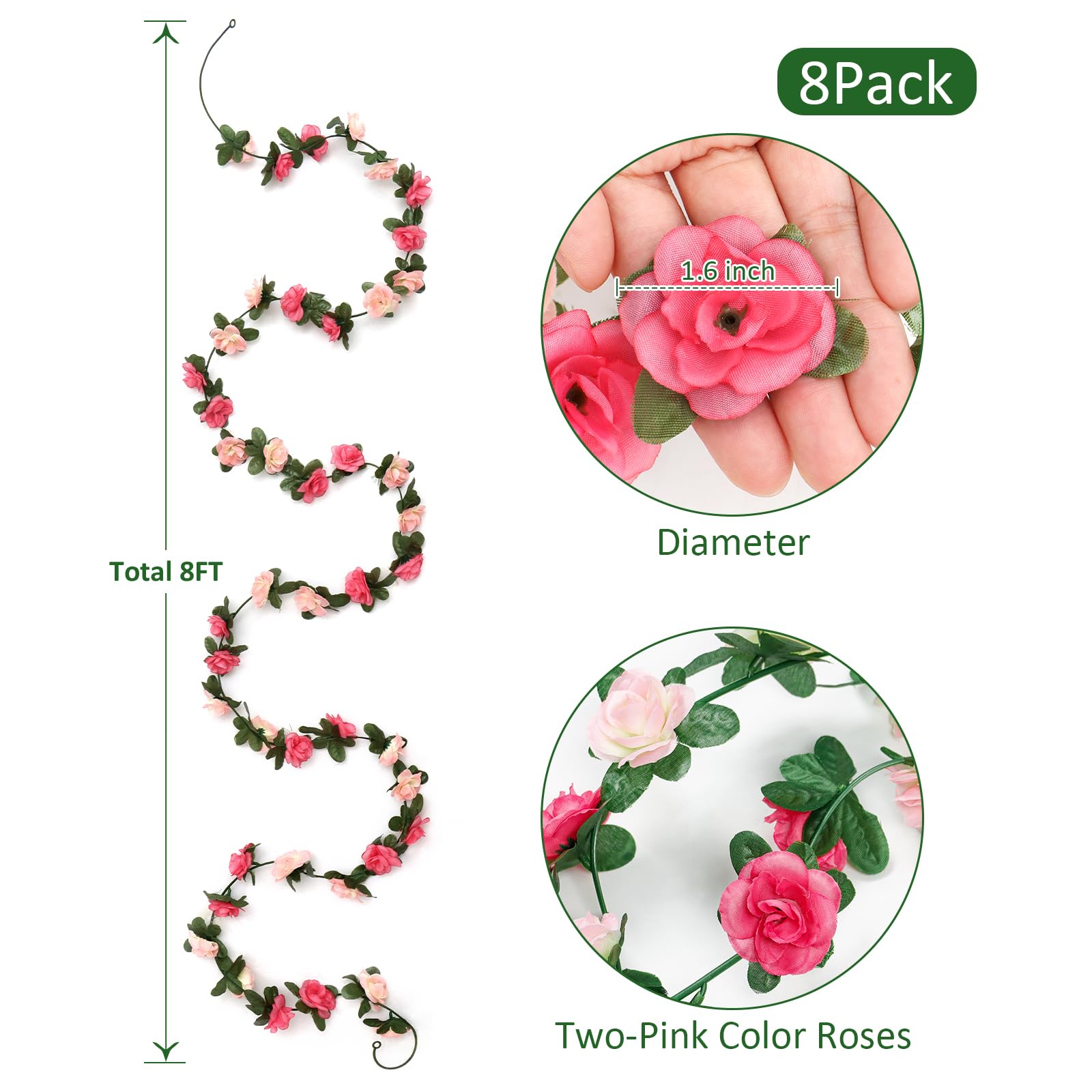 KHOYIME 8 Pack 64 FT Artificial Flower Garland, Fake Pink Roses Vines Silk Flowers Faux Plastic Outdoor Hanging Floral Ivy Garland Decoration for Wedding Arch Bedroom Home Wall Backdrop Room Decor