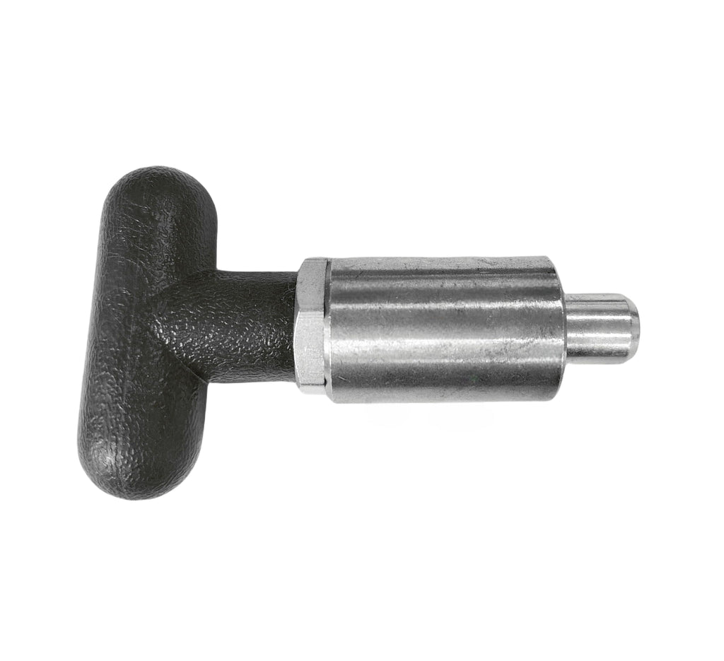T knob Spring Loaded Pop Pin Spring Loaded Zinc Plated Steel Plunger POP Pull Pin Tire Carrier Pin , Black Plastic T-Handle Knob Round Nut W/Grub Screw Lock. (T-Handle, 3/8" Diameter)
