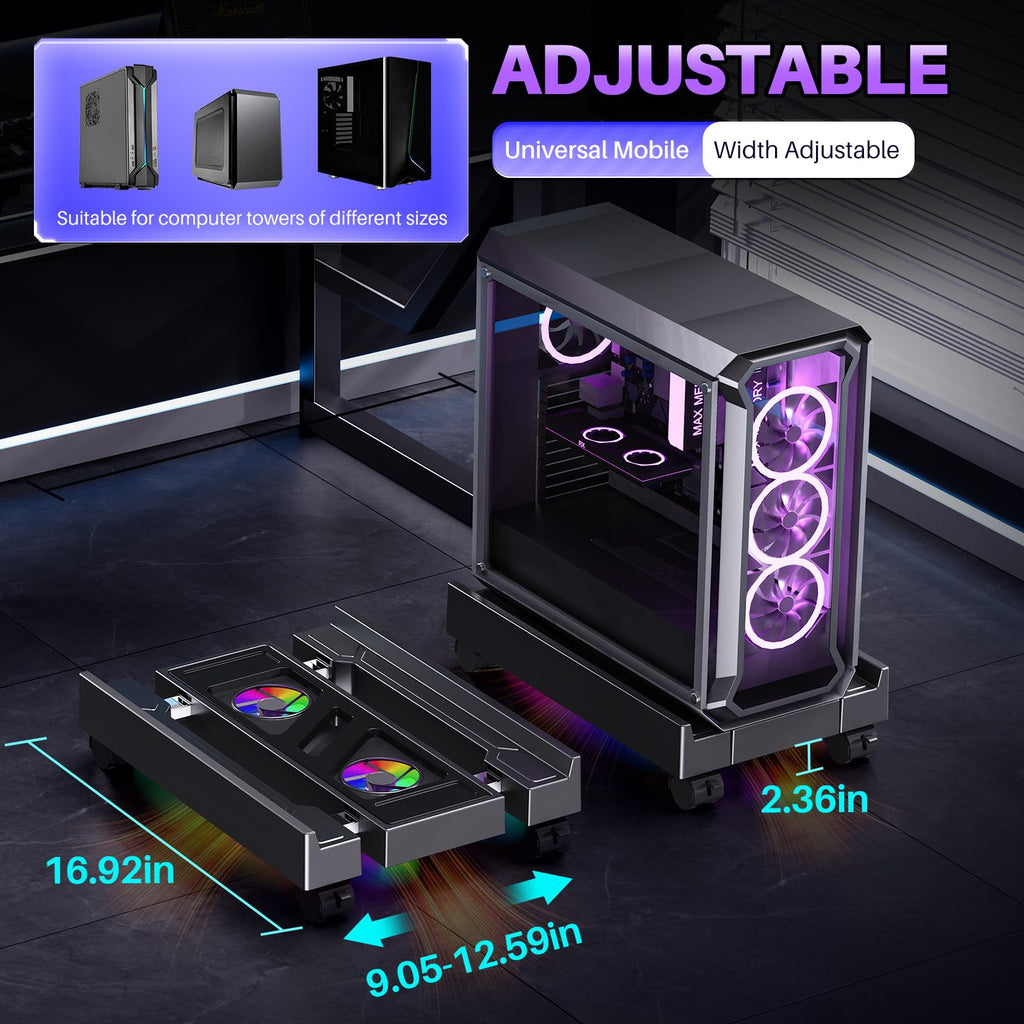 Adjustable Computer Tower Stand with Cooler Fan and Light, PC Stand for Floor, Mobile CPU Holder with 4 Caster Wheels Fits Most PC Tower, Under Desk CPU Holder for Office, Gamers and Students