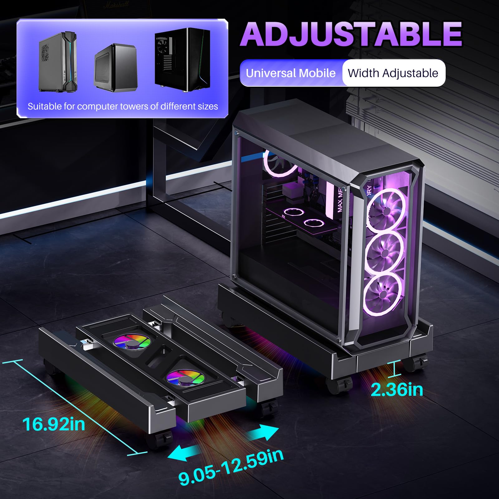 Adjustable Computer Tower Stand with Cooler Fan and Light, PC Stand for Floor, Mobile CPU Holder with 4 Caster Wheels Fits Most PC Tower, Under Desk CPU Holder for Office, Gamers and Students