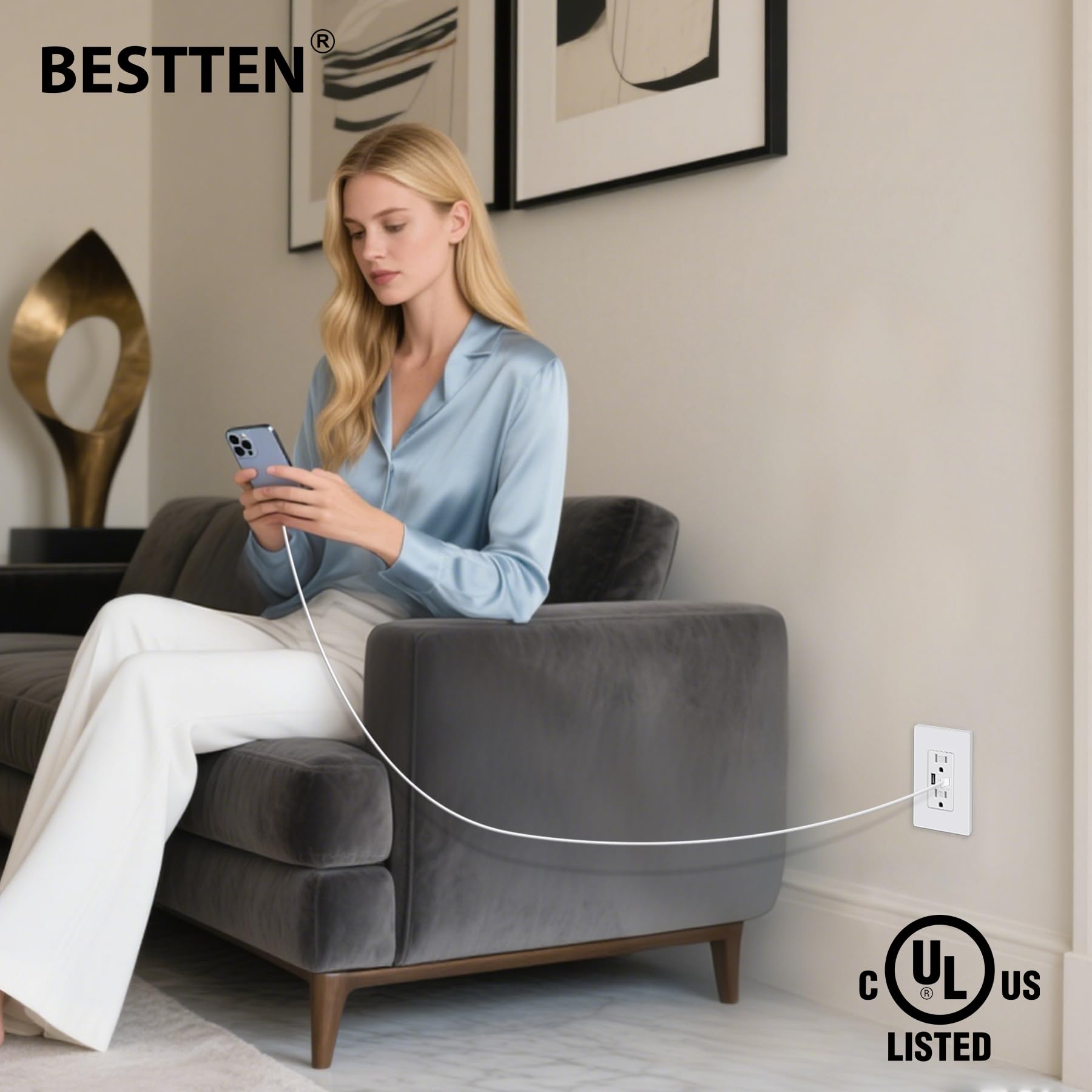 BESTTEN 2 Pack USB C Wall Outlet, 24W 4.8A Type C & Type A USB Receptacle, 15 Amp Tamper Resistant Electrical Outlet with USB Ports, Self-Grounding, Screwless Wall Plate Included, cUL Listed, White