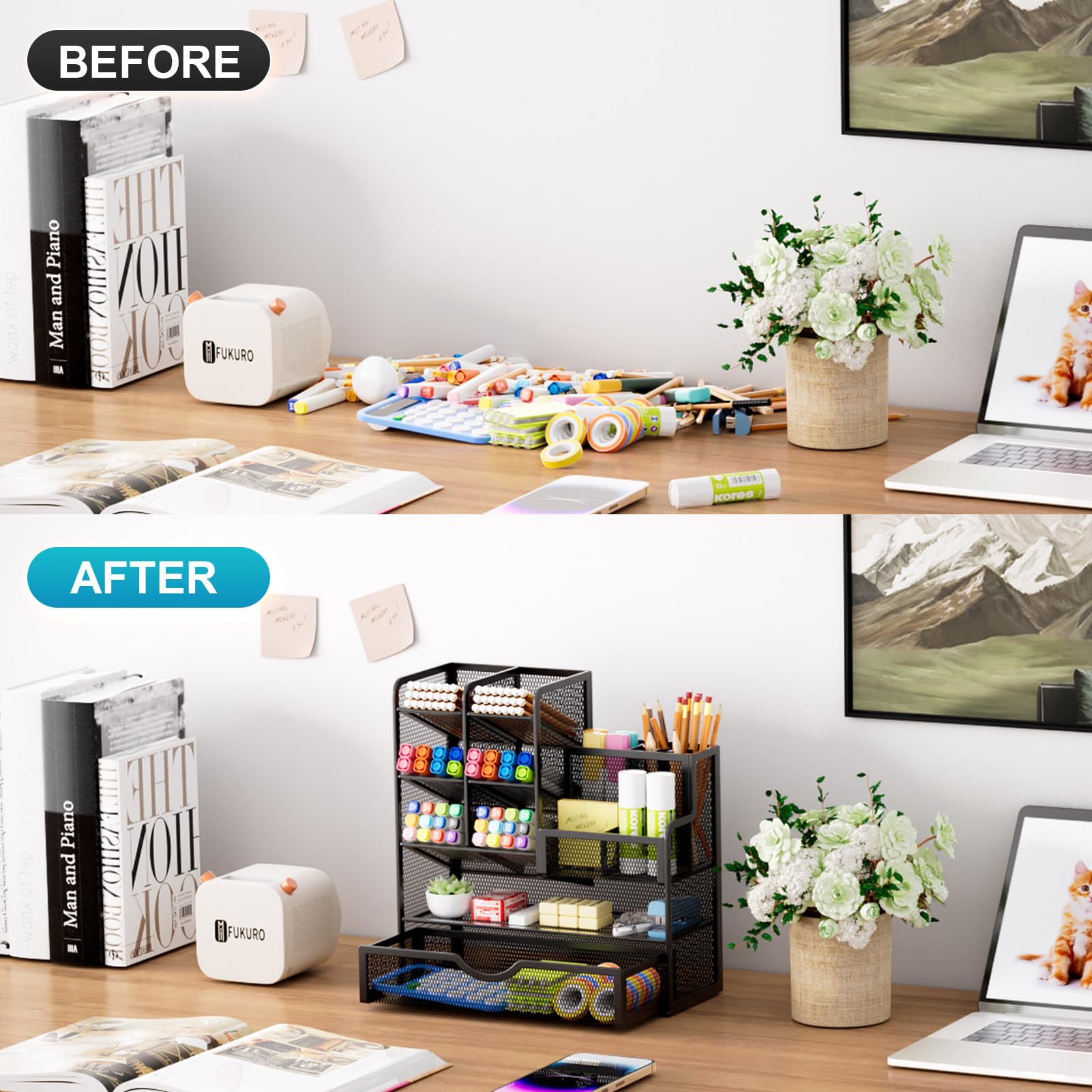 Marbrasse Pen Holder for Desk, Desk Organize with Drawer, Desk Organizers and Accessories for Office Art Supplies (Black)