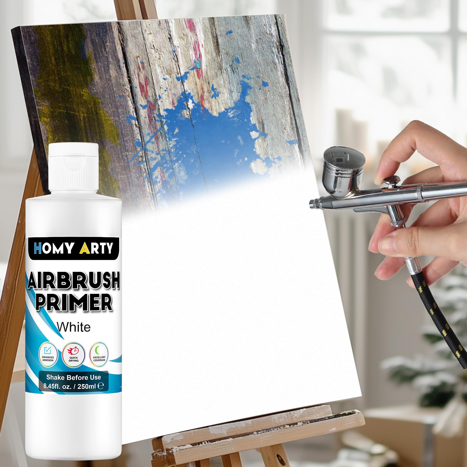 HOMY ARTY White Airbrush Primer - Acrylic Primer for Airbrush, 8.45 fl.oz. Quick-Drying Matte Finish Paint, for Acrylic Paint with Excellent Adhesion to Plastic Models, Metal, Canvas