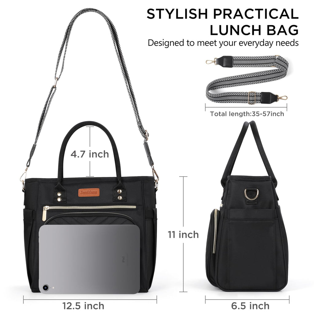 Jomddems Lunch Bag Women,Insulated Lunch Box for Women Men with Shoulder Strap,Portable Reusable Large Adults Cooler Tote Bags for Work Picnic Hiking Beach (Black)
