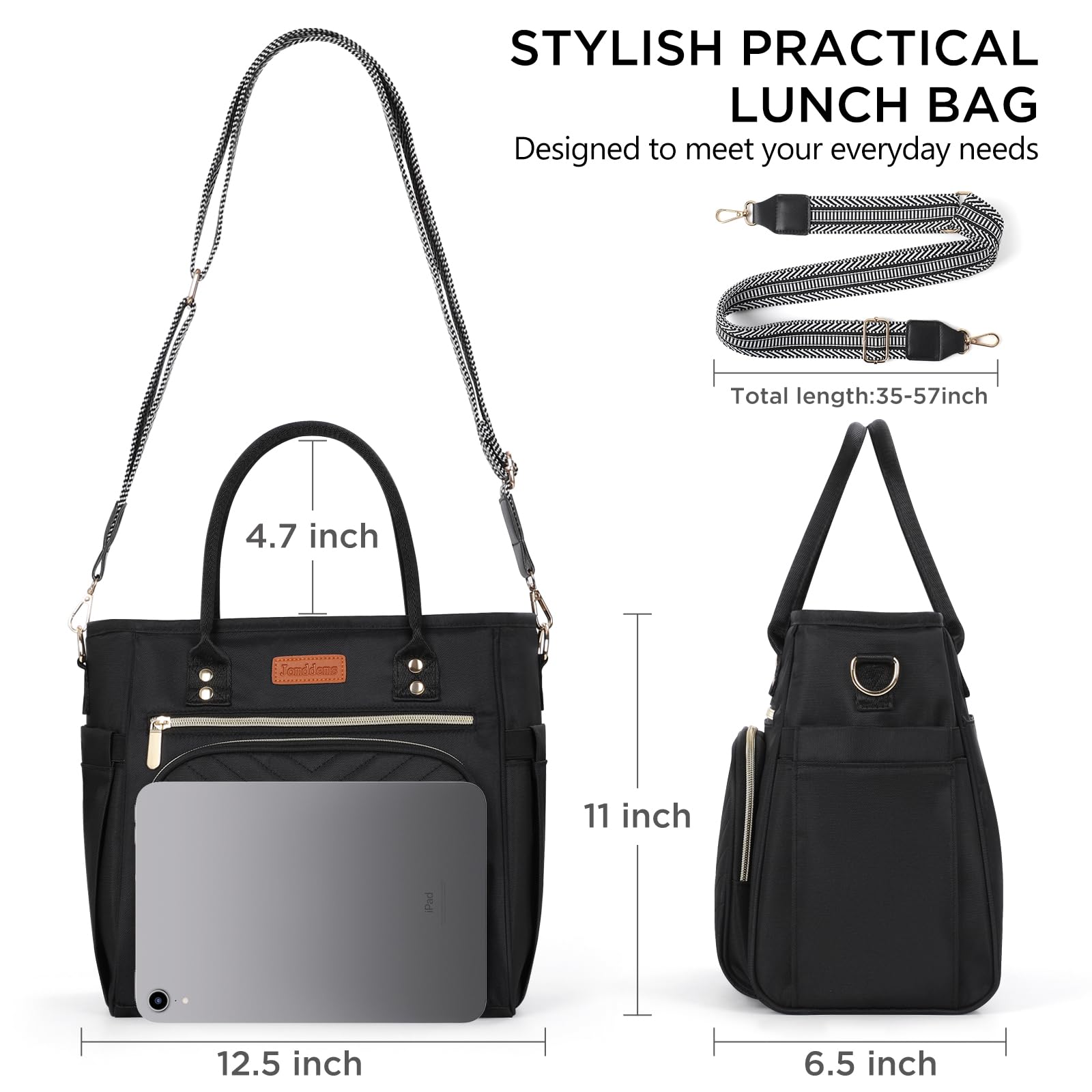 Jomddems Lunch Bag Women,Insulated Lunch Box for Women Men with Shoulder Strap,Portable Reusable Large Adults Cooler Tote Bags for Work Picnic Hiking Beach (Black)