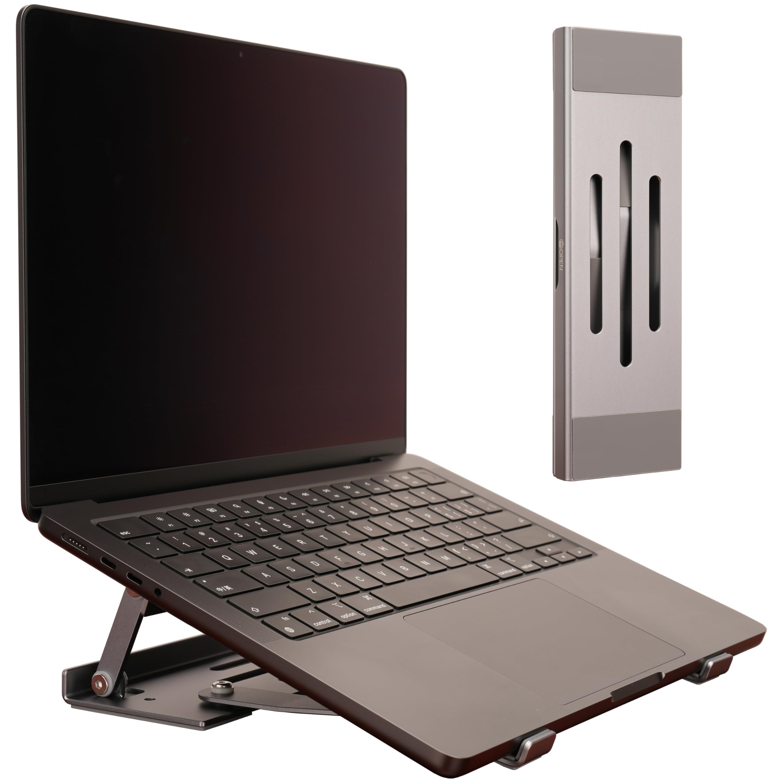 Psitek Aluminum Fold & Laptop Riser Stand 3-in-1 Adjustable, Foldable Cooling Stand with Integrated Storage Box, Ruler and Ultra-Slim Portable Design for MacBook, Tablet, Ipad, Keyboard and All Laptop