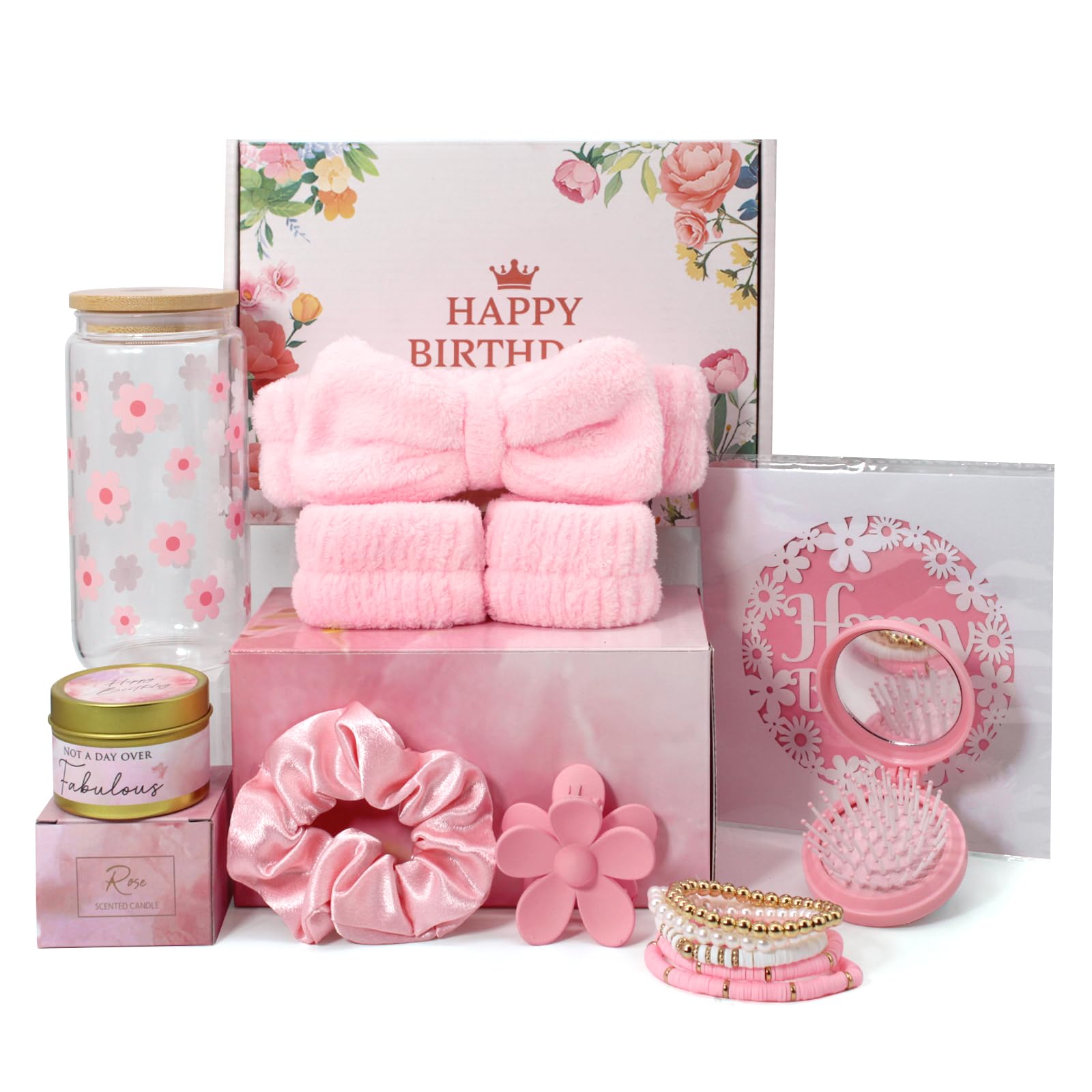 Birthday Gifts for Teenage Girls – 9pcs Pink Gift Box for Women,Girls, Daughter, Niece, Sister or Best Friend – Includes Cute Cup, Candle, Hair & Skincare Items