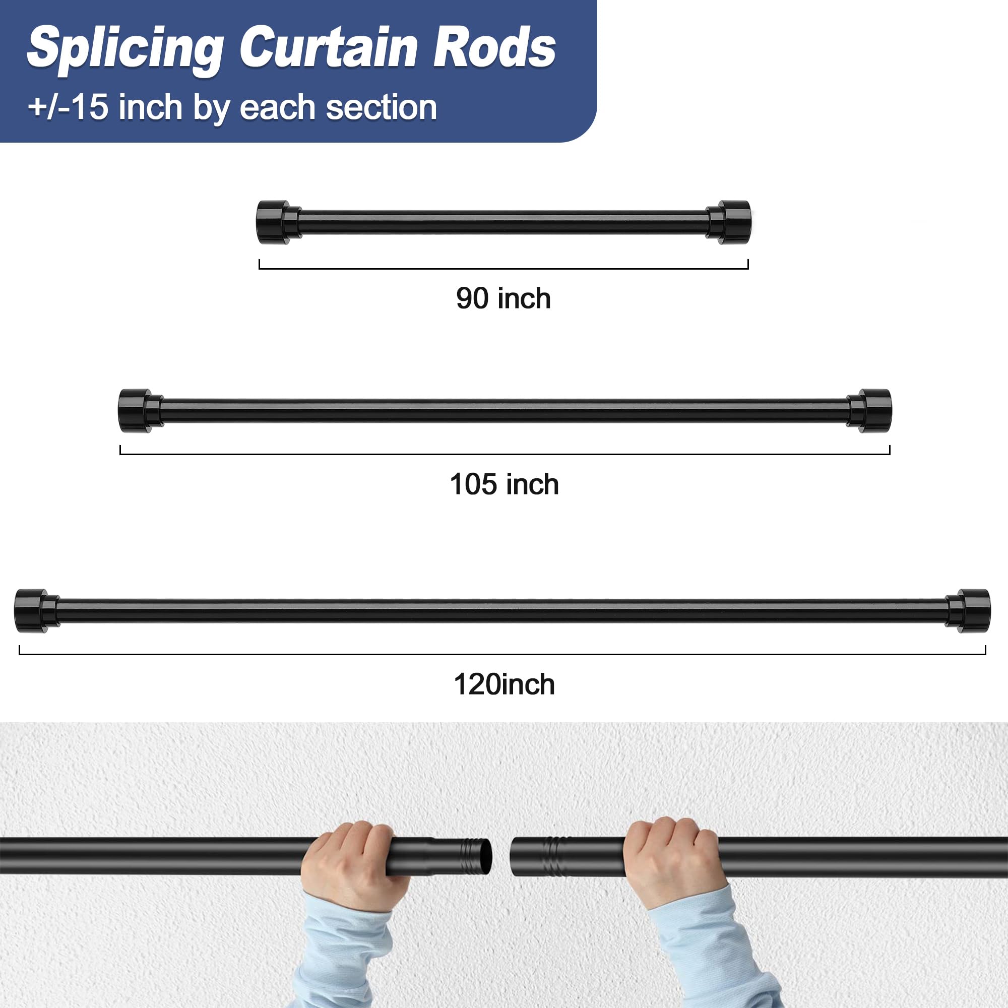 Black Curtain Rods for Windows 66 to 120-1 Inch Thick Heavy Duty Long Curtain Rods, No Sag & Easy Install - Decorative Modern Drapery Rods for Sliding Glass Door, Outdoor Patio, Living Room