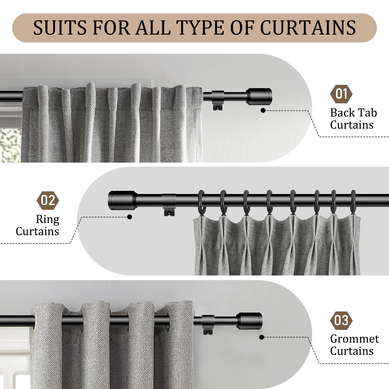 1 Inch Diameter Curtain Rod for Windows 84-120 Inch Extra Long Matte Black Curtain Rods with Brackets Adjustable Pole Heavy Duty Curtains Rod for Patio Kitchen Bedroom Living Room Outdoor