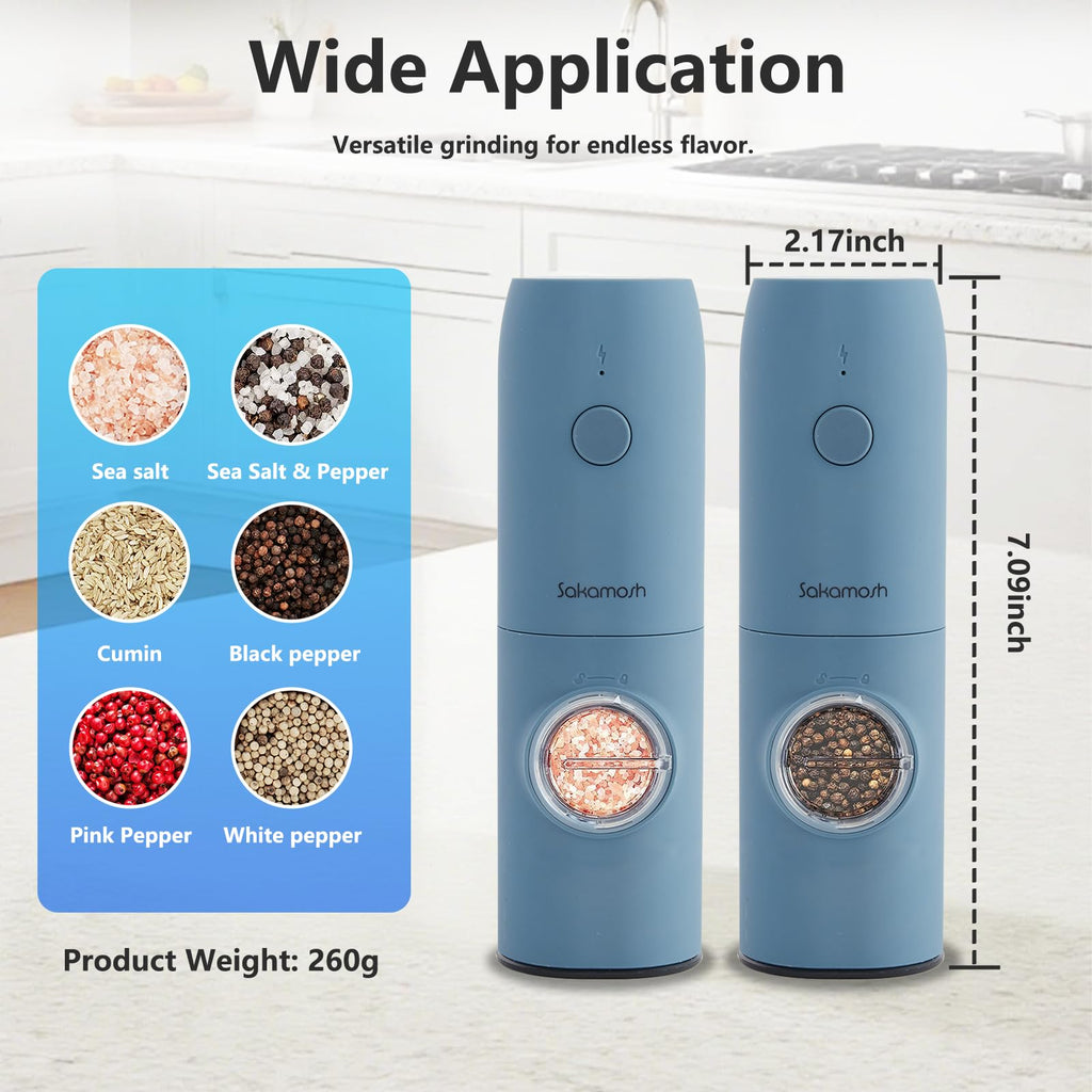 SAKAMOSH Electric Salt and Pepper Grinder Set, Rechargeable,Adjustable Coarseness with LED Light, Electric Salt and Pepper Shakers Refillable(2 Packs, Blue)