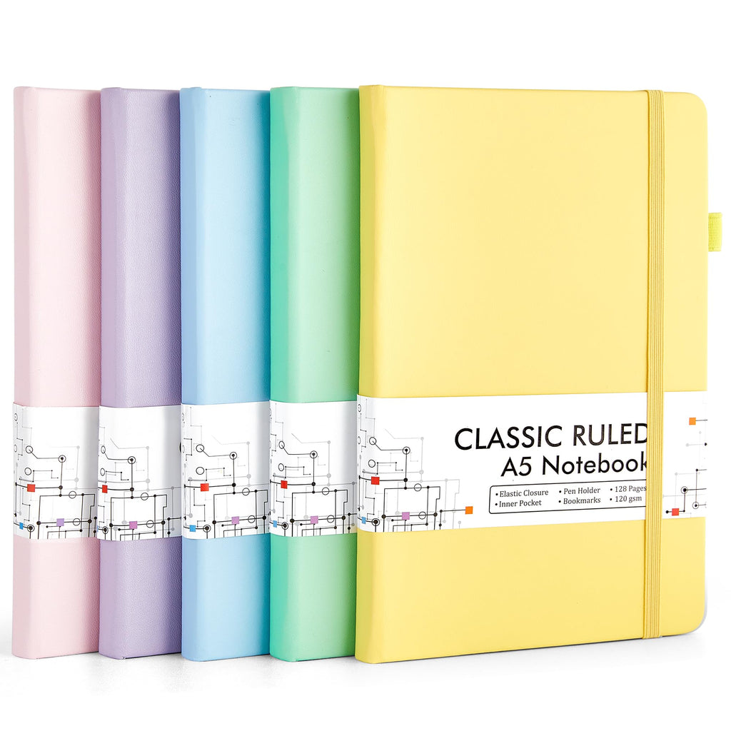 feela Journal Notebook Bulk for School, Hardcover Business Classic Ruled Lined Journals with Pen Holder for Work Office Journaling, with 5 Black Pens, 120 GSM, 5.1”x8.3”, 5 Pack, A5, Pastel Colors