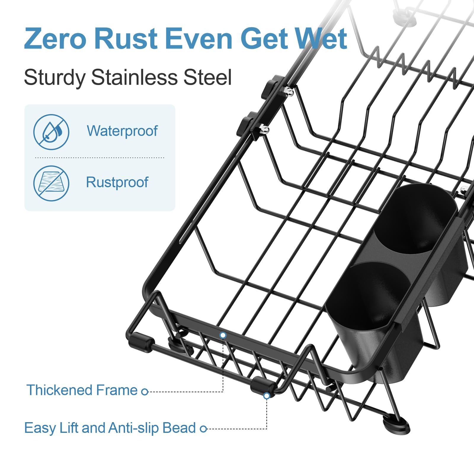 GSlife Small Sink Dish Drying Rack, 9" W Expandable Compact Rust Resistant Dish Drainer for RV Apartment Kitchen, Dish Rack with Lock Knob, Arms with Non Slip Rubber, 12"–16.8" L, Black