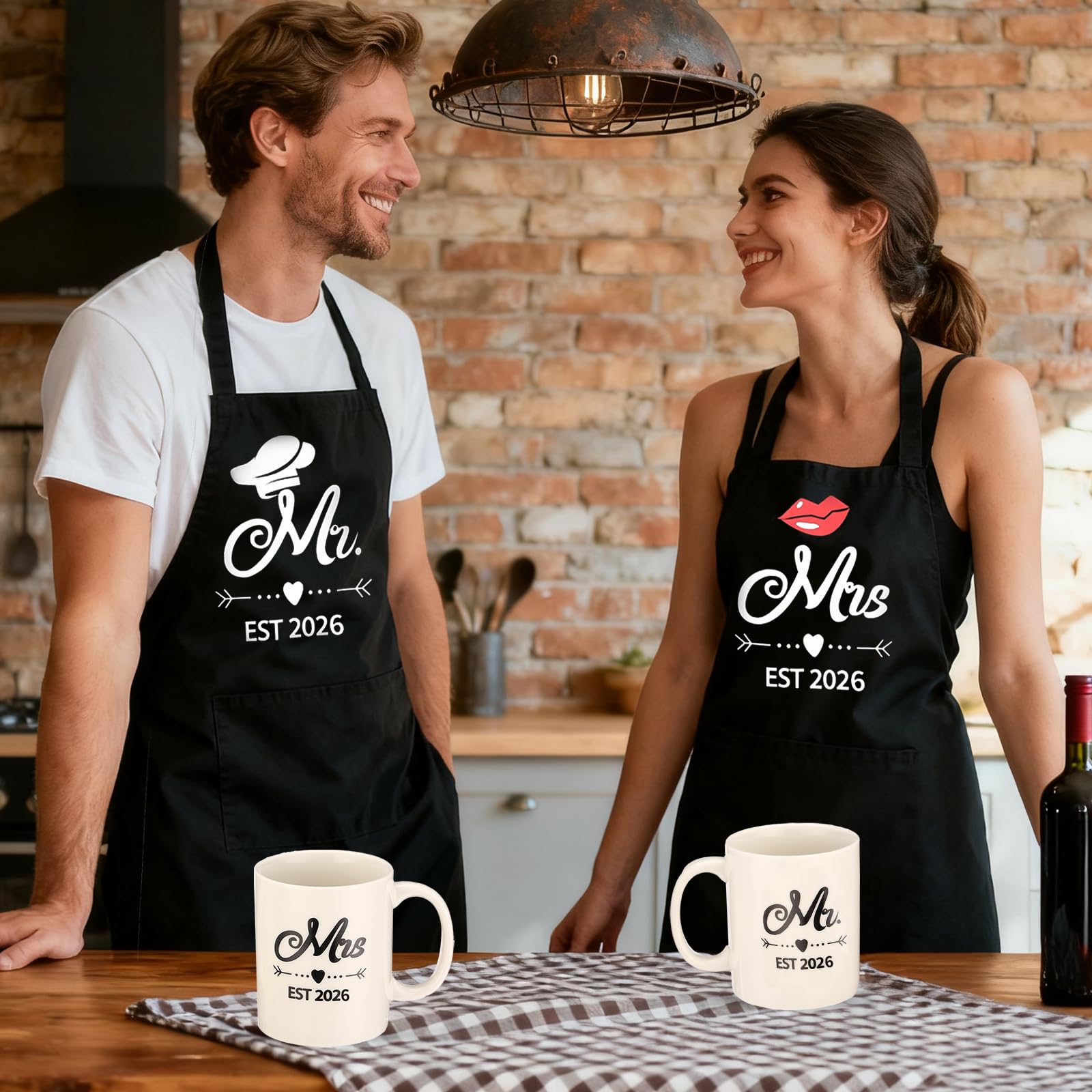 Mr and Mrs Est 2026 Mug and Apron Set, Wedding Engagement Anniversary Bridal Shower Gifts for Couple Mr and Mrs Smith Bride Groom Husband Wife Newlyweds Gifts
