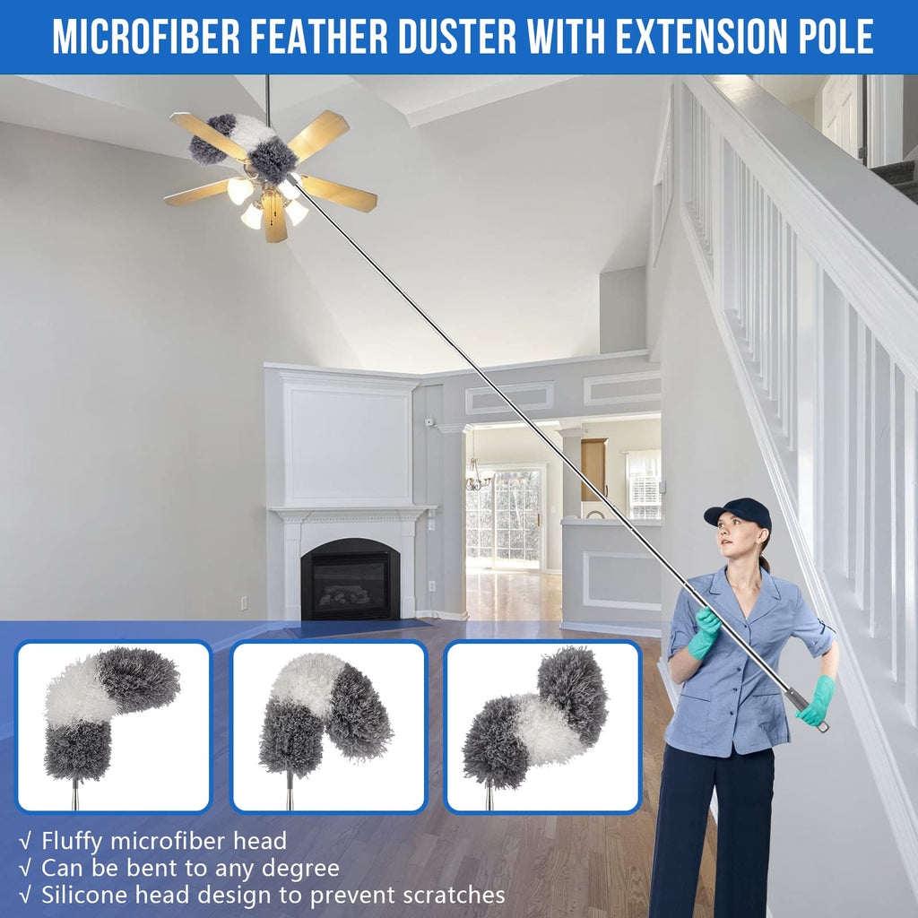 UIMO® Dusters for Cleaning, Retractable Microfiber Gap Dust Cleaner with Extension Pole 30'' to 100'', Reusable Long Handle Feather Duster Kit for Cleaning High Ceiling Fan, Furniture, Blinds