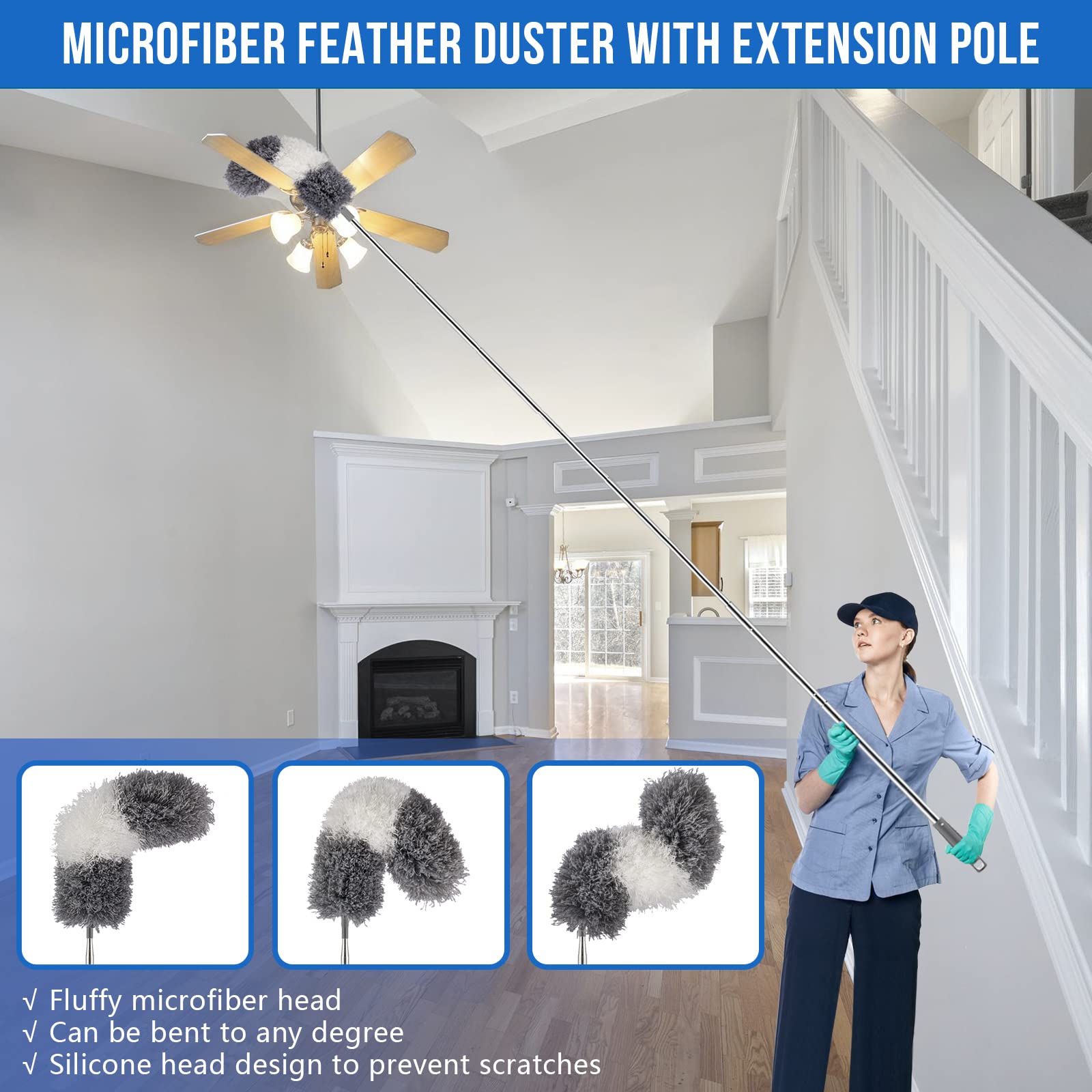 UIMO® Dusters for Cleaning, Retractable Microfiber Gap Dust Cleaner with Extension Pole 30'' to 100'', Reusable Long Handle Feather Duster Kit for Cleaning High Ceiling Fan, Furniture, Blinds
