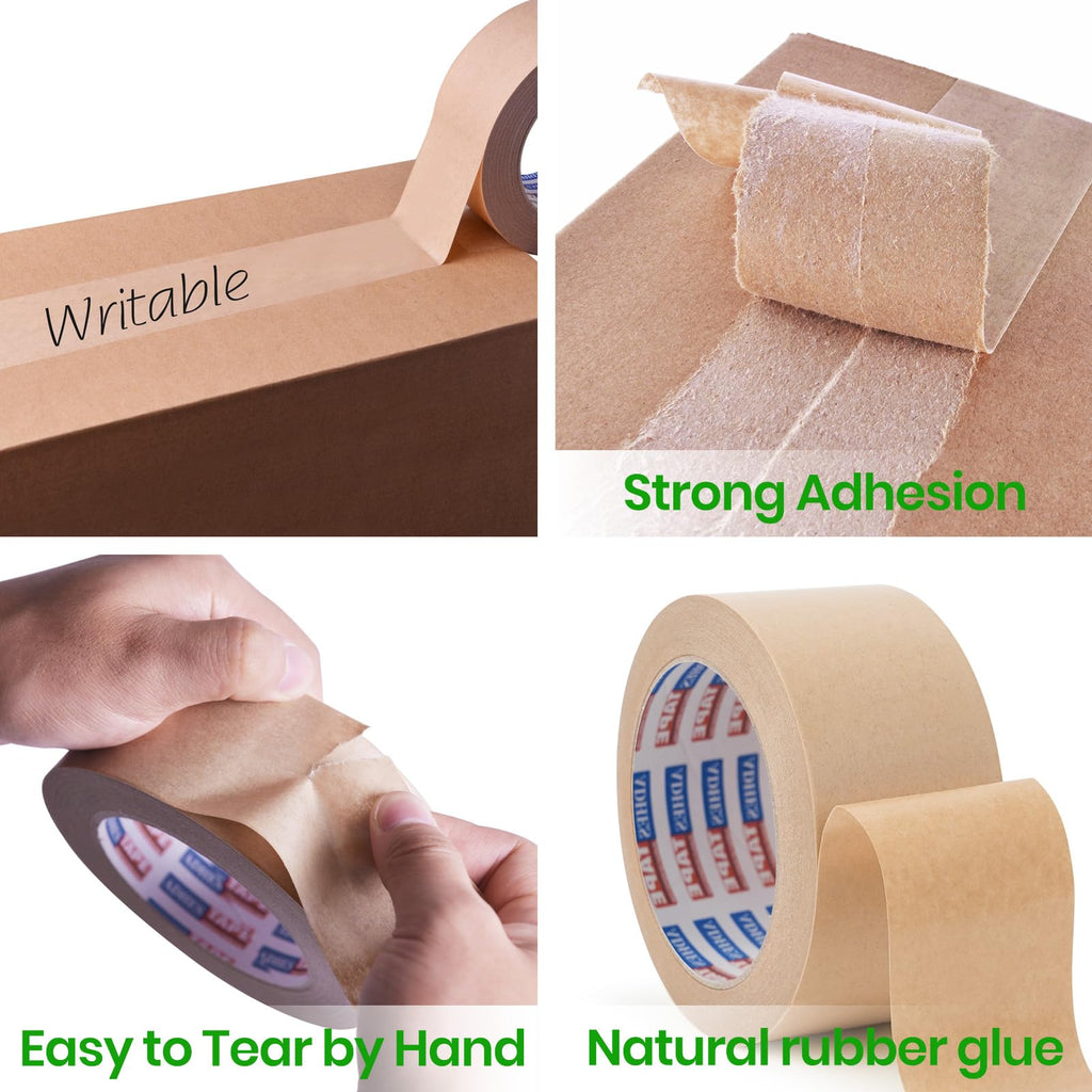 ADHES Heavy Duty Paper Packing Tape Kraft Paper Tape, Eco Friendly & Biodegradable, Writable & Uncoated Brown Packing Tape for Masking, Sealing, and Packaging Use, 2 Inch x 43 Yards, 6 Rolls