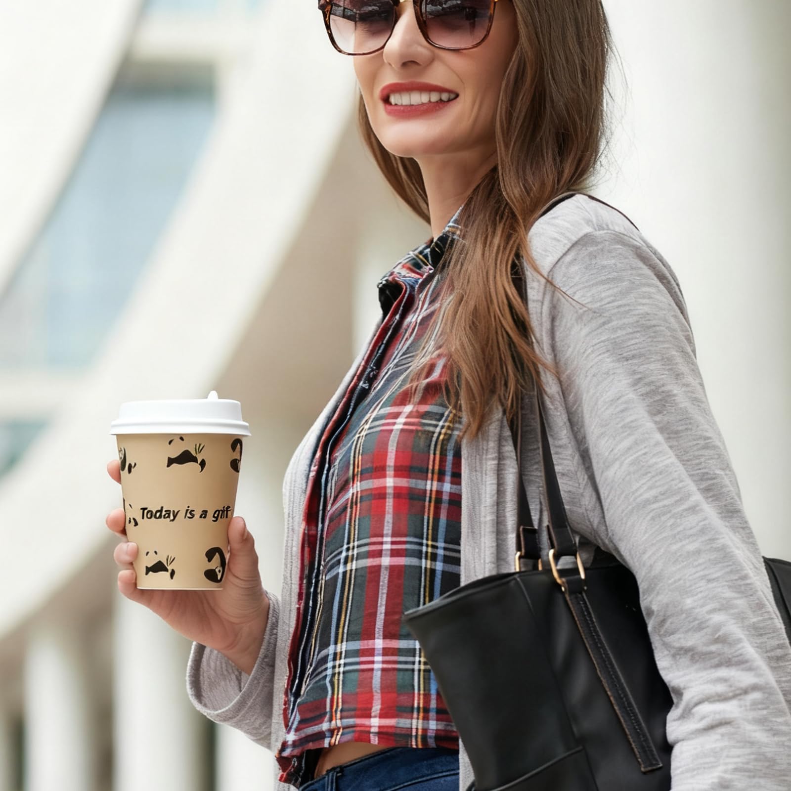 12 OZ 25 Pack Disposable Cups Paper Coffee Cups with Lids, Disposable Paper Cups for Cold/Hot Drinks, Eco-friendly Leak-Proof To Go Drinking Cups for Office Party Home Picnic & Travel (Panda)