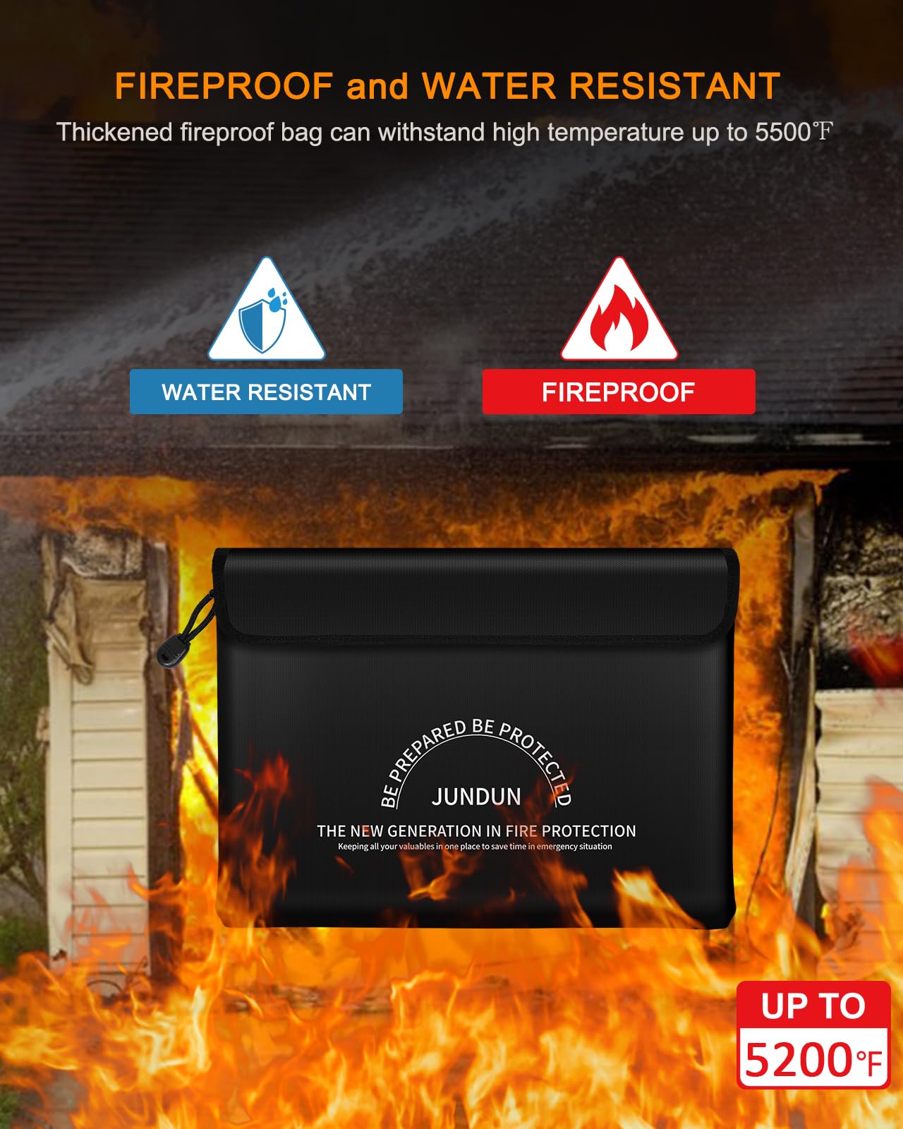 JUNDUN Fireproof Document Bag with 5200℉ Heat Insulated,14.0”x10.4” Waterproof and Fireproof Money Bag,8 Layers Thickened Fire Rated Document Safe Bag Pouch with Zipper for Document,Money and Cash