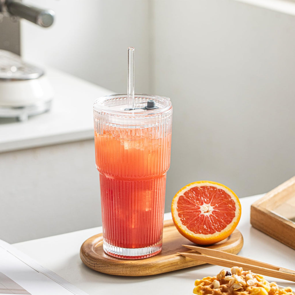 20 oz Ribbed Glass Tumblers with Lids and Glass Straws – 2-Piece Glassware Set, Heavy-Duty Tumblers, Ideal for Iced Coffee, Smoothies, Cocktails, and Juices – Elegant and Durable Drinkware