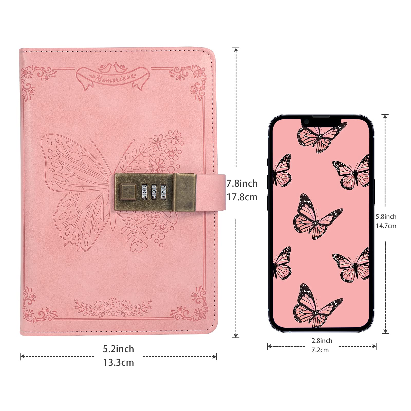 Diary with Lock, Journal for Women Girls, Vintage Refillable Secret Journal, Locking Notebook Gift for Girls with Combination Lock, 5.3'' x 7.8'' (Pink)