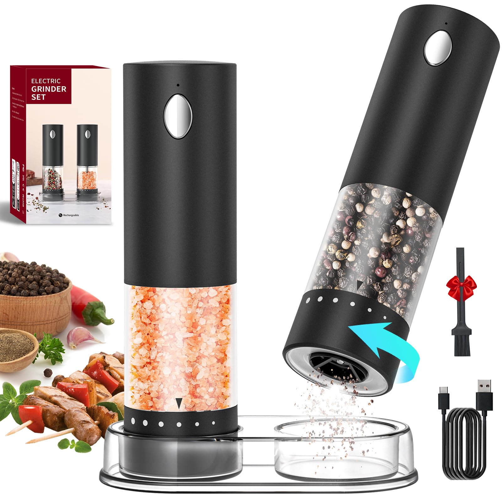CIRCLE JOY Electric Salt and Pepper Grinder Set with 6 Levels External Adjustable Coarseness, Dustproof Storage Base, Automatic Pepper Mill Shakers Set for Kitchen, White LED Light, Black