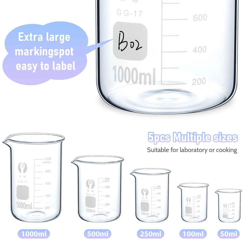 OLCANA 5 Pack Glass Beaker Set 50 ml 100 ml 250 ml 500ml 1000 ml Thick Borosilicate 3.3 Glass Graduated Measuring Lab Beaker Low Form Griffin 1L Big Glass Beaker