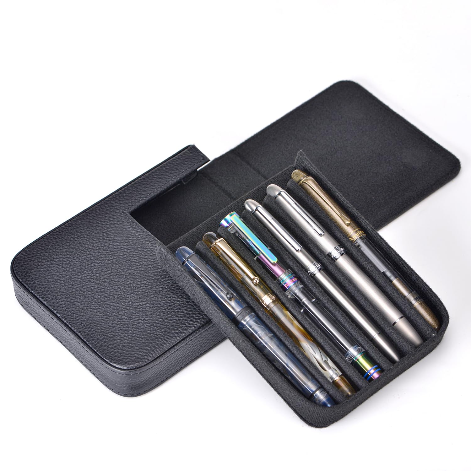 Lanxivi Fountain Pen Cover Genuine Leather Organizer Portable Pen Pouch Drawer Style, Black-6 Slots, 6 Slot, 6 Slots