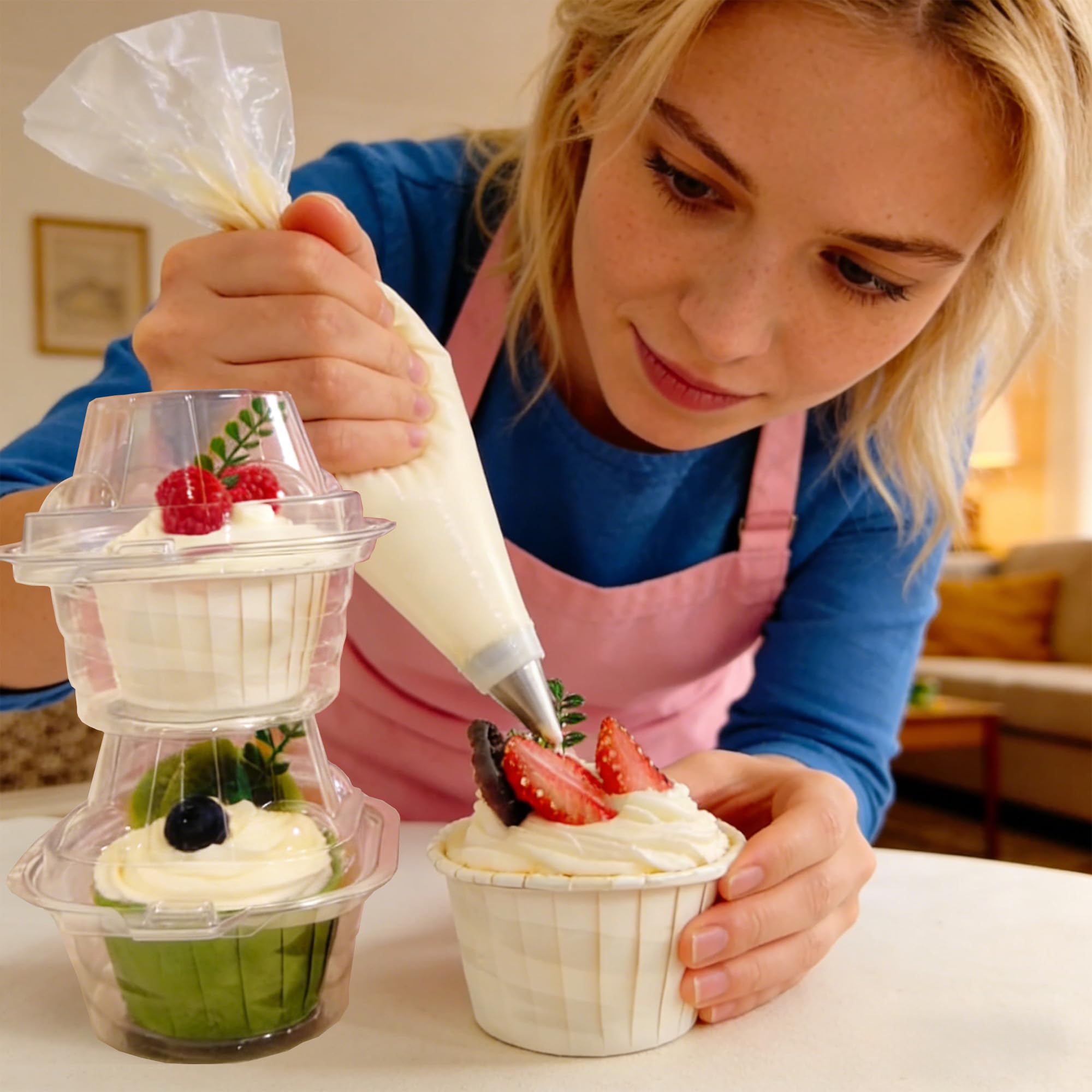 NPLUX 100 Pack Individual Cupcake Containers Plastic Cupcake Boxes Cupcake Holders Stackable Deep Dome Cupcake Carrier