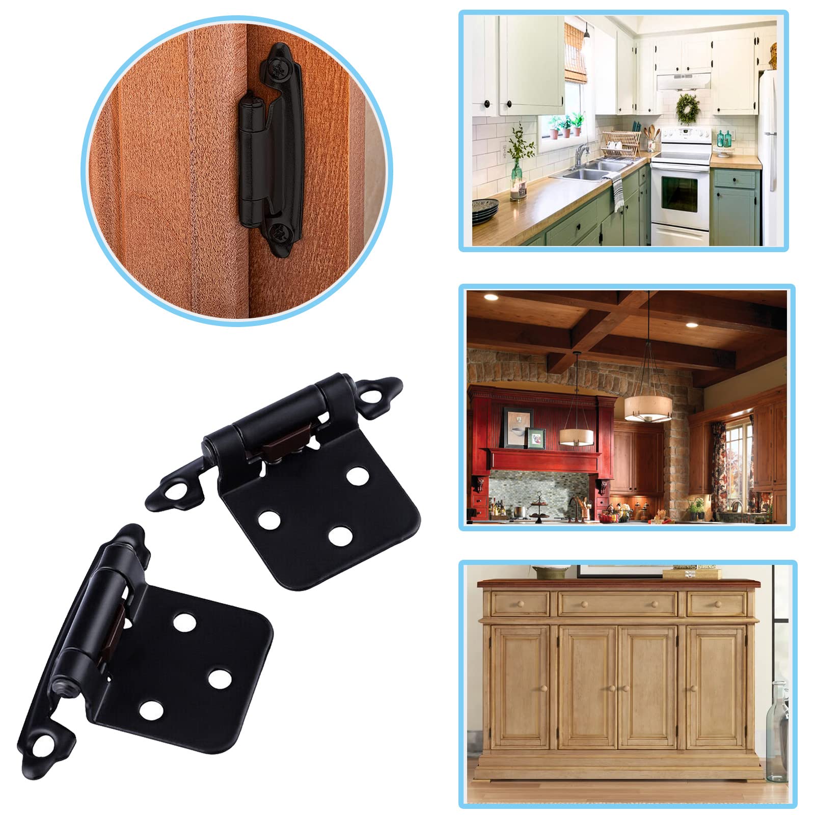 16 Pack Cabinet Hinges for Kitchen Cabinets,1/2" Overlay Cabinet Hinge Self Closing Kitchen Cabinet Door Hinges Black Kitchen Cabinet Door Hinges with Upgraded Screws(8 Pairs)