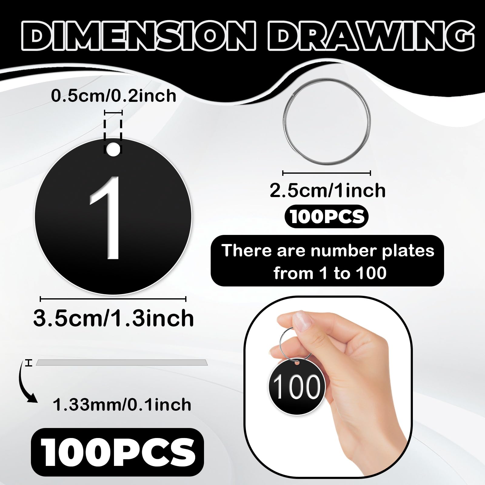 1-100 Number Tags, 35mm Engraved Round Numbered Marking Identification Tags with Metal Rings for Organized Coded Key Box Cabinet Plant Coding Tag (Black)