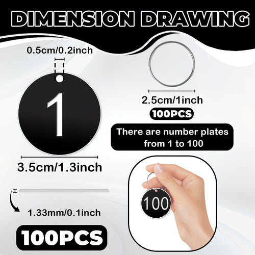 1-100 Number Tags, 35mm Engraved Round Numbered Marking Identification Tags with Metal Rings for Organized Coded Key Box Cabinet Plant Coding Tag (Black)
