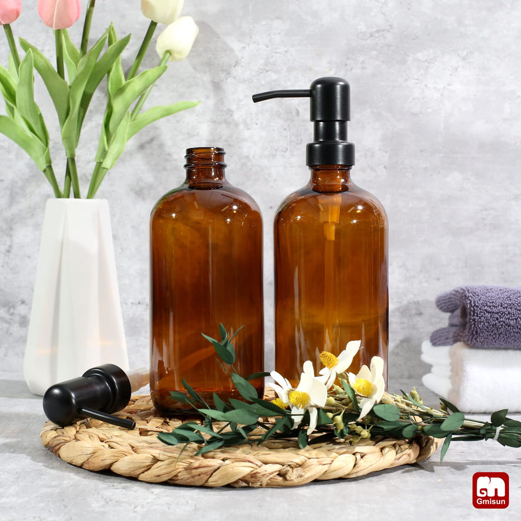 GMISUN Soap Dispenser, 2 Pack Bathroom Hand Soap Dispenser with Rustproof Stainless Steel Pump, Amber Glass Dish Soap Dispenser Set for kitchen, Hand and Dish Soap Dispensers Sets, Liquid Soap Bottles