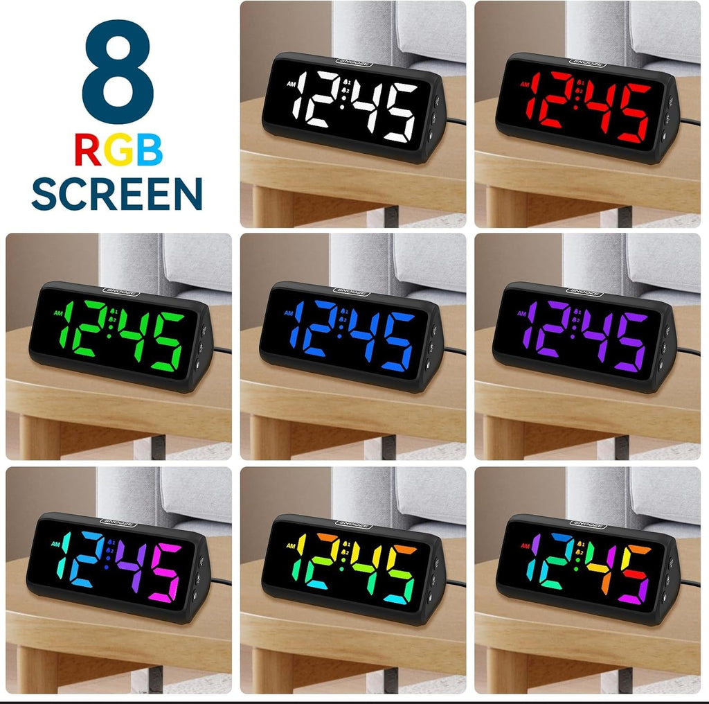 Netzu Digital Alarm Clock, RGB Loud Alarm Clocks for Bedrooms Heavy Sleepers Seniors Kids, Plug in Digital Clock with 5 Dimmers, 2 Alarms, 4 Volumes and Snooze (Black)