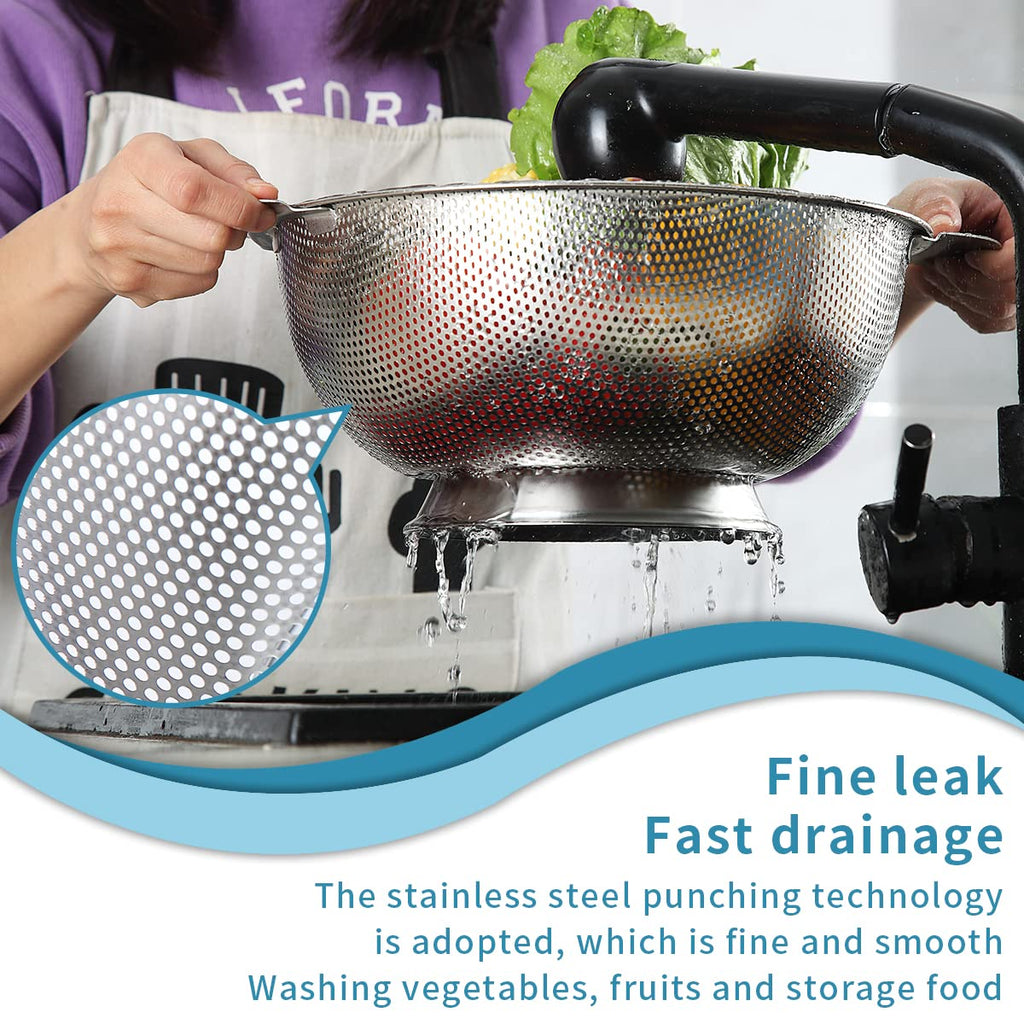 Kyraton Stainless Steel Colander 5 Quart, Professional Strainer with Heavy Duty Handles and Self Draining Solid Ring Base for Pasta, Spaghetti, Berry, Veggies, Fruits, Noodles, Salads Dishwasher Safe